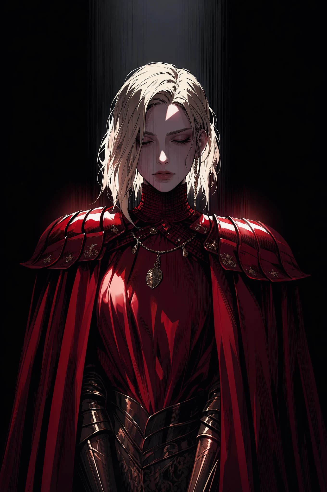 An anime portrait of a blonde-haired figure in a deep red high-collared cloak with armored shoulder plates, eyes closed, head bowed, wearing a gold pendant and dark gauntlets, against a black background.
