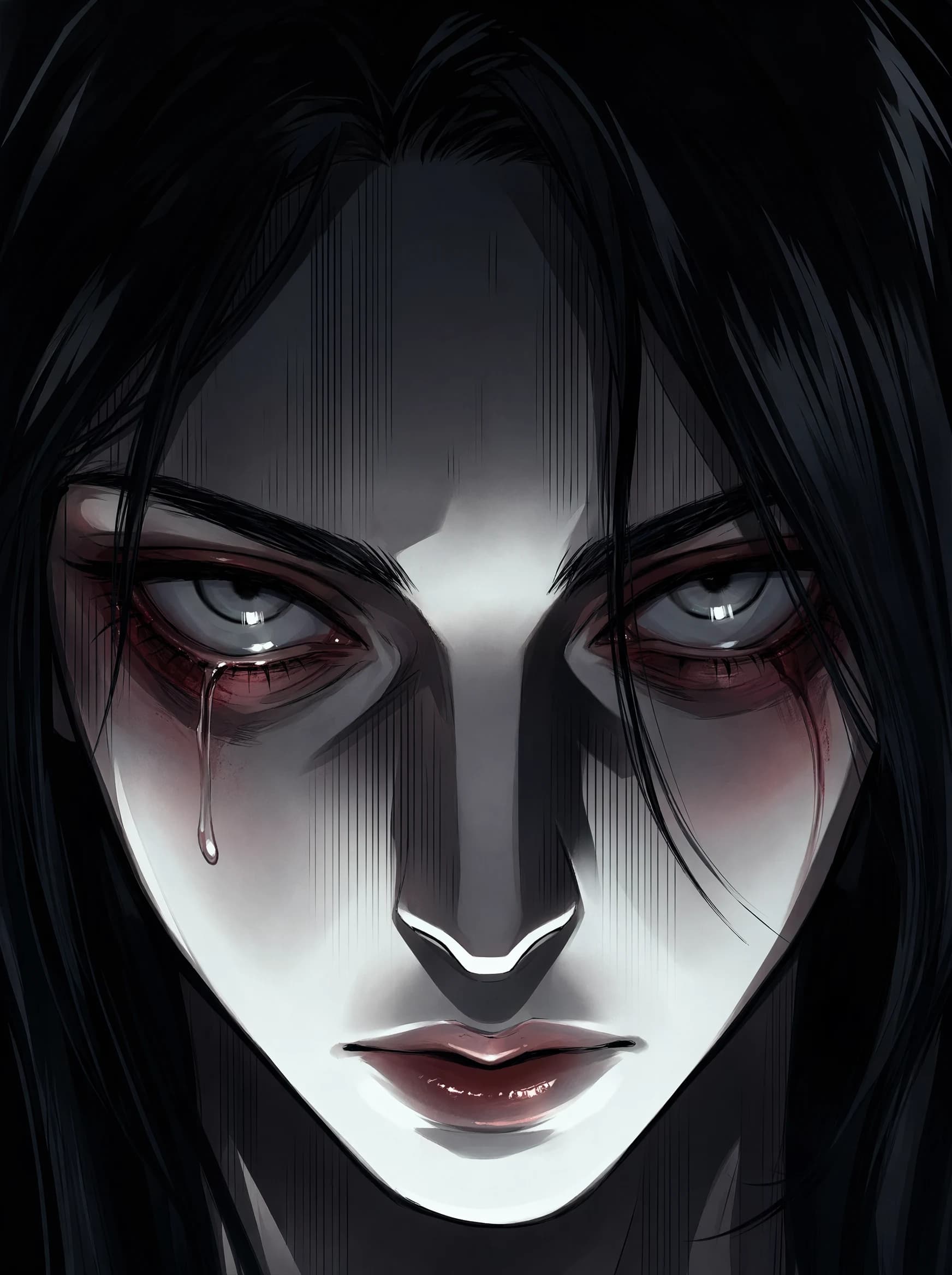 A close anime portrait: pale skin, black hair, red-rimmed grey eyes, a single tear running down one cheek, dark lips, the face the only thing lit against deep shadow.
