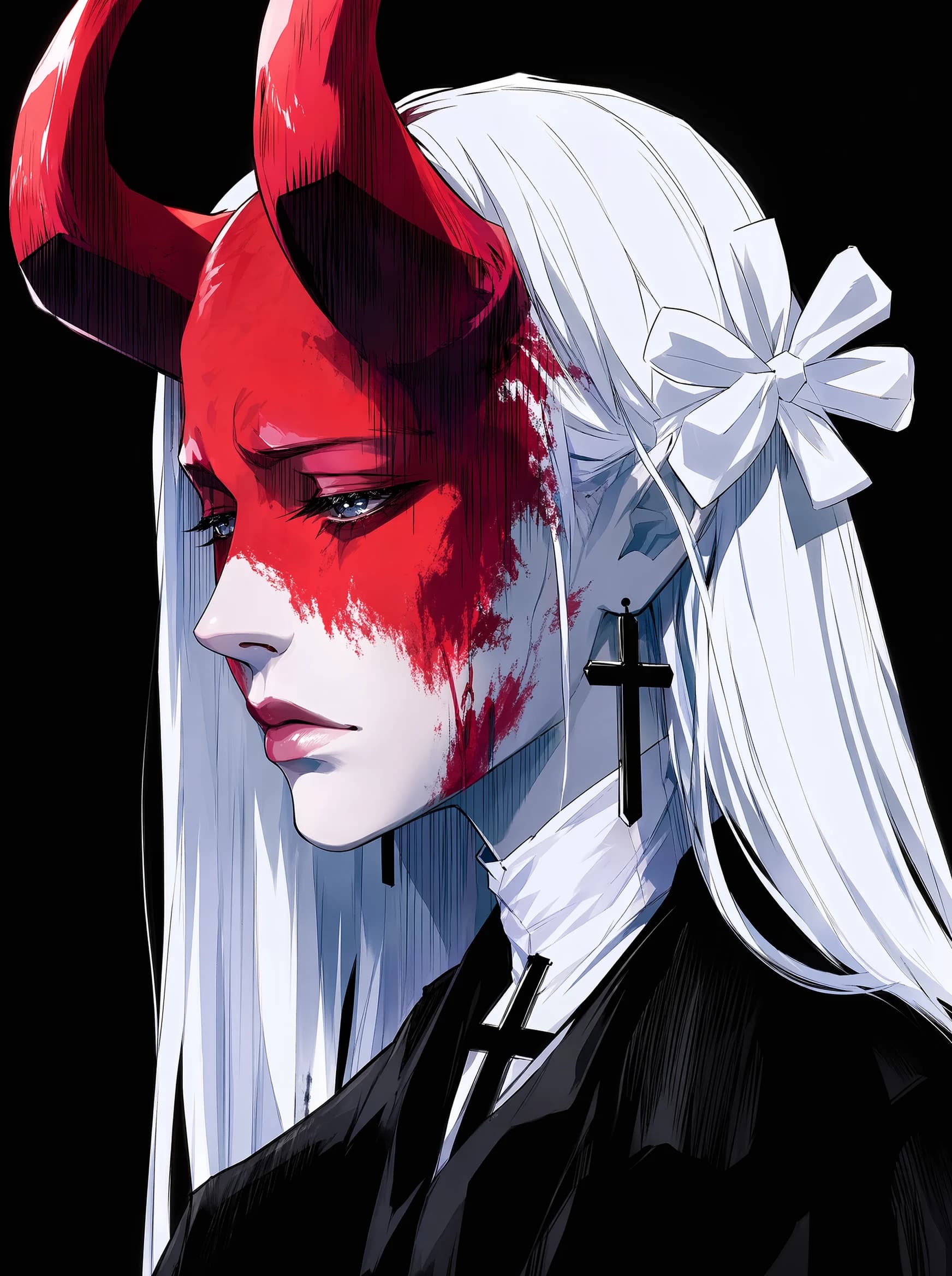 An anime profile portrait of a white-haired figure facing left, with red horns curling from the brow, red paint streaked across the upper face, a white bow in the hair, cross earrings, and a high collar with a cross.
