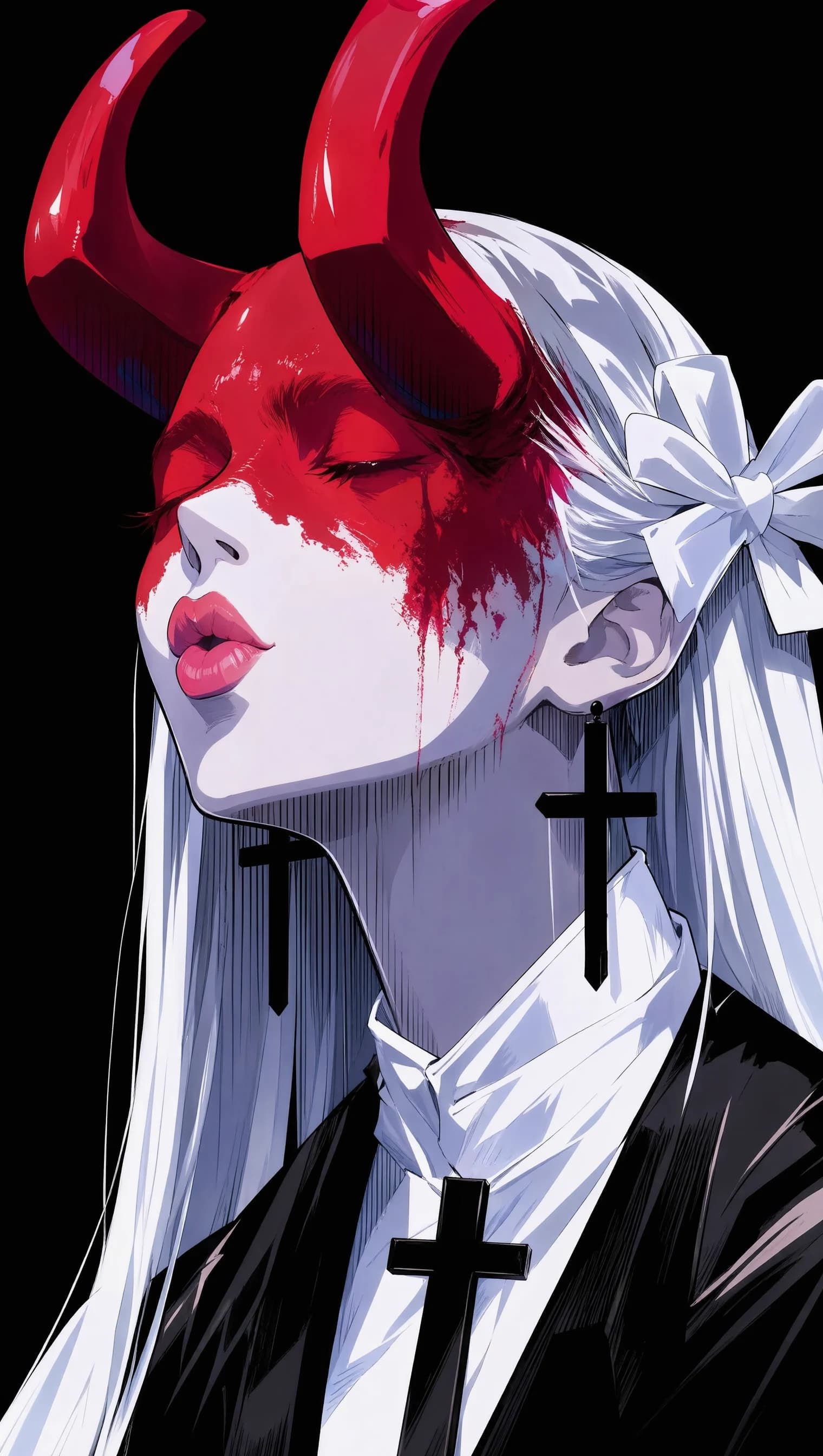 An anime portrait of a white-haired figure with red horns, eyes closed, red paint streaked across the upper face like a mask, a white bow in the hair, cross earrings, and crosses at the collar of a black coat.