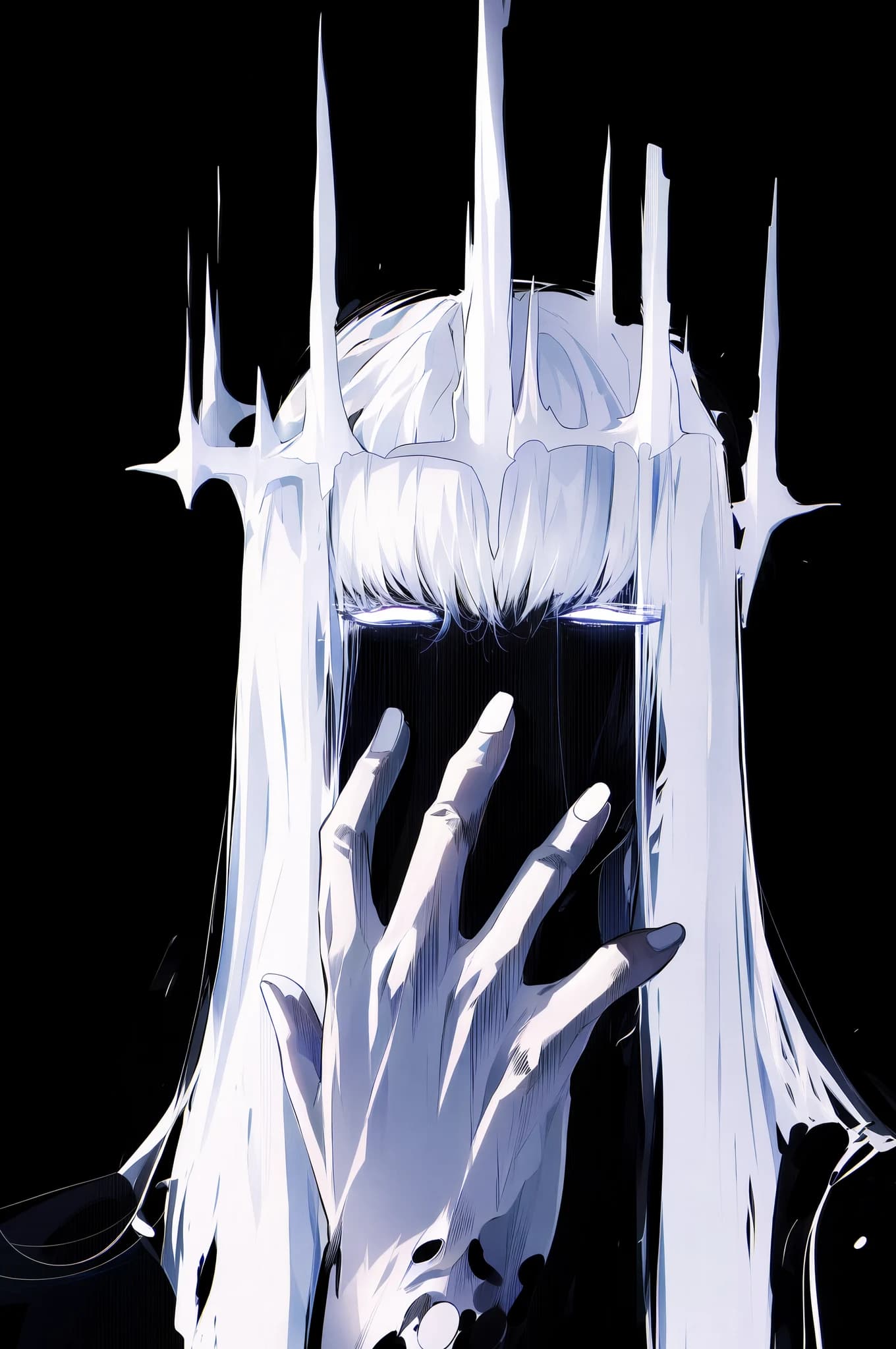 A surreal monochrome figure with a crown of melting white spikes, white hair fading into the body, and a pale hand reaching toward the viewer; the whole composition is white-on-black with dripping highlights.