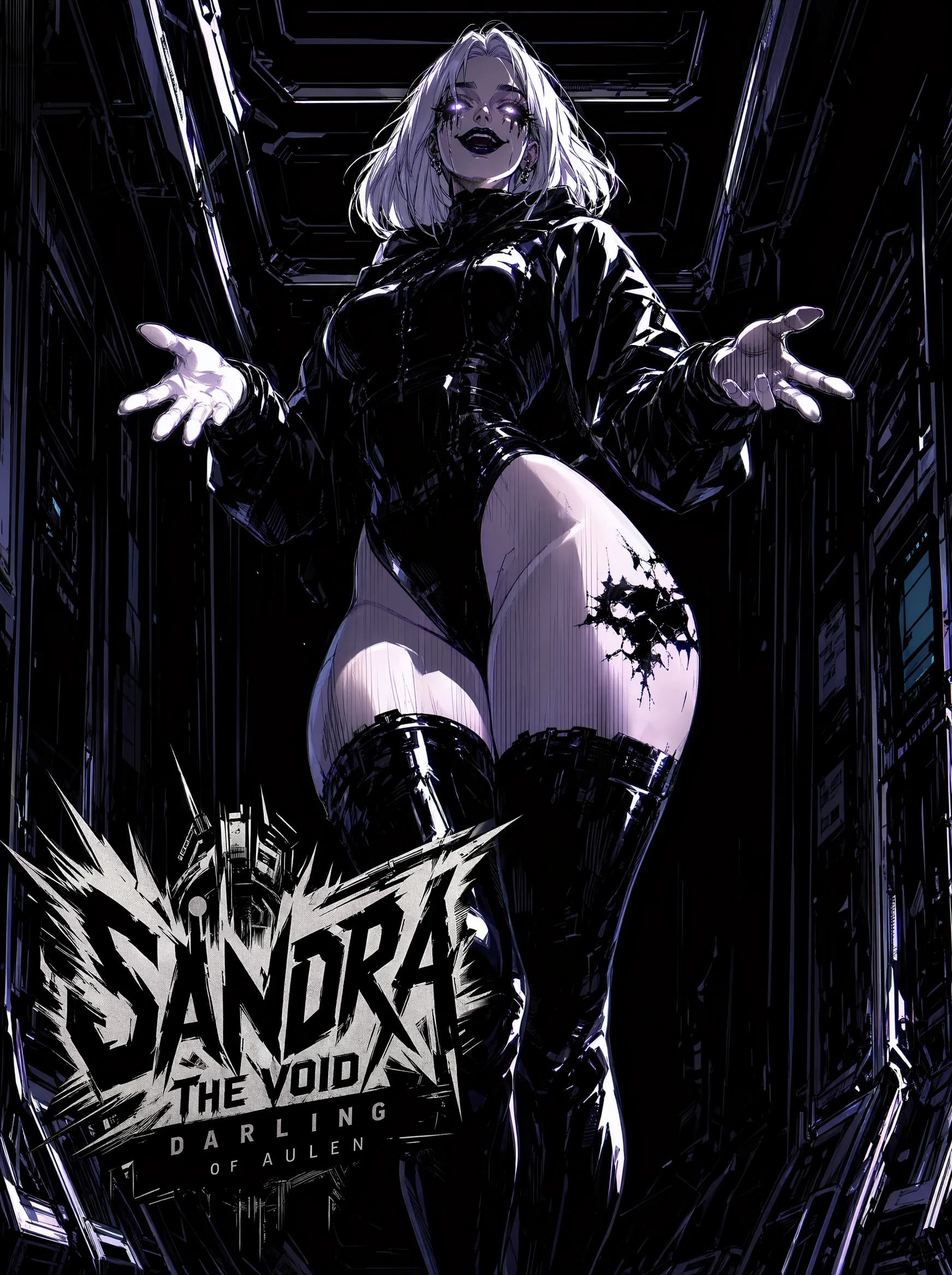 A black-and-white anime poster of a silver-bobbed figure in a tight black corset and white shorts with thigh-high boots, arms spread, standing in a long mechanical corridor; ragged metal-band title "SANDRA THE VOID —.