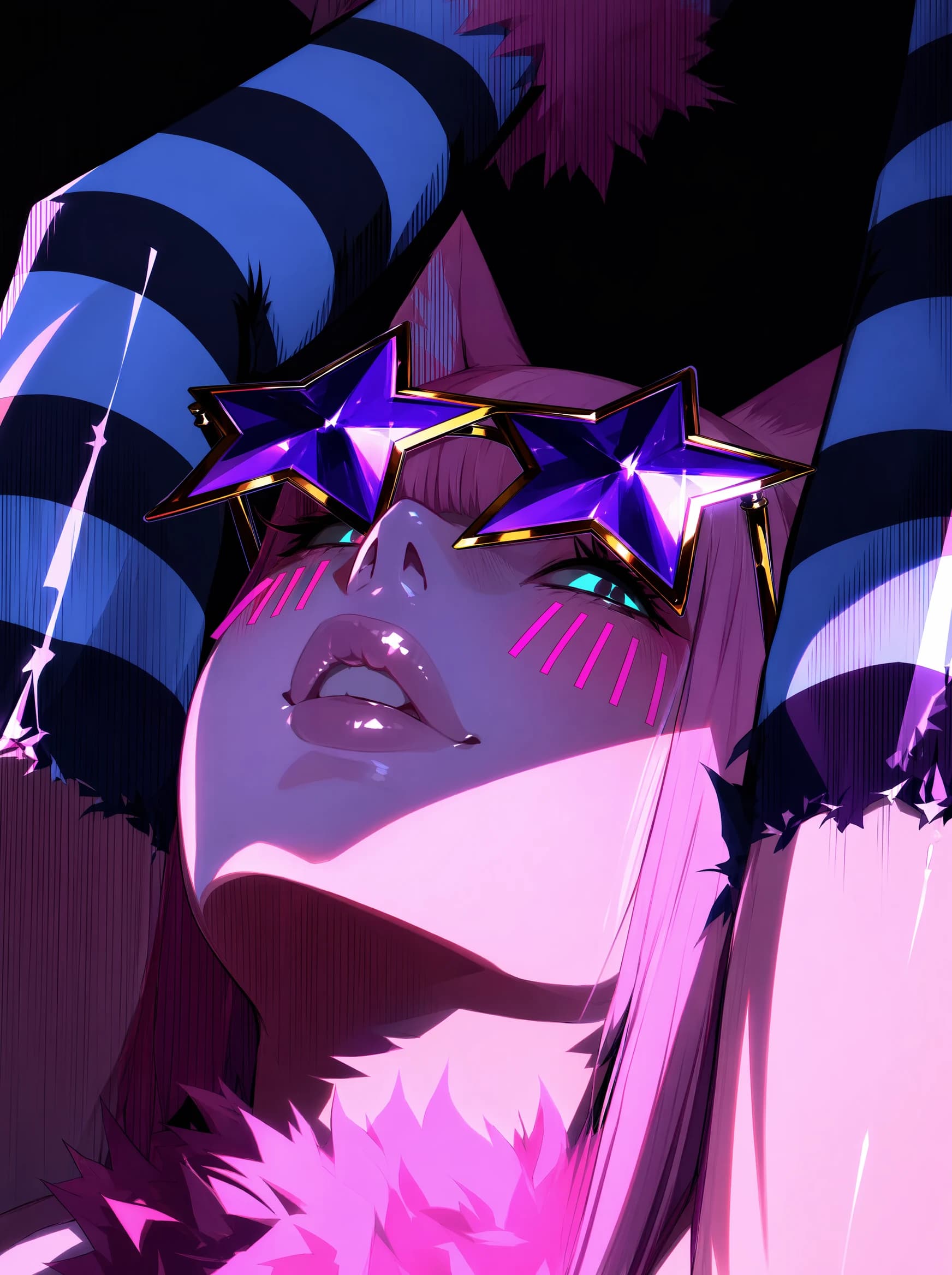 A close anime portrait of a pink-haired figure in oversized purple star-shaped sunglasses, mouth slightly open, blue and pink streaks under the eyes, blue-and-white striped sleeves and pink fur trim, against a deep.