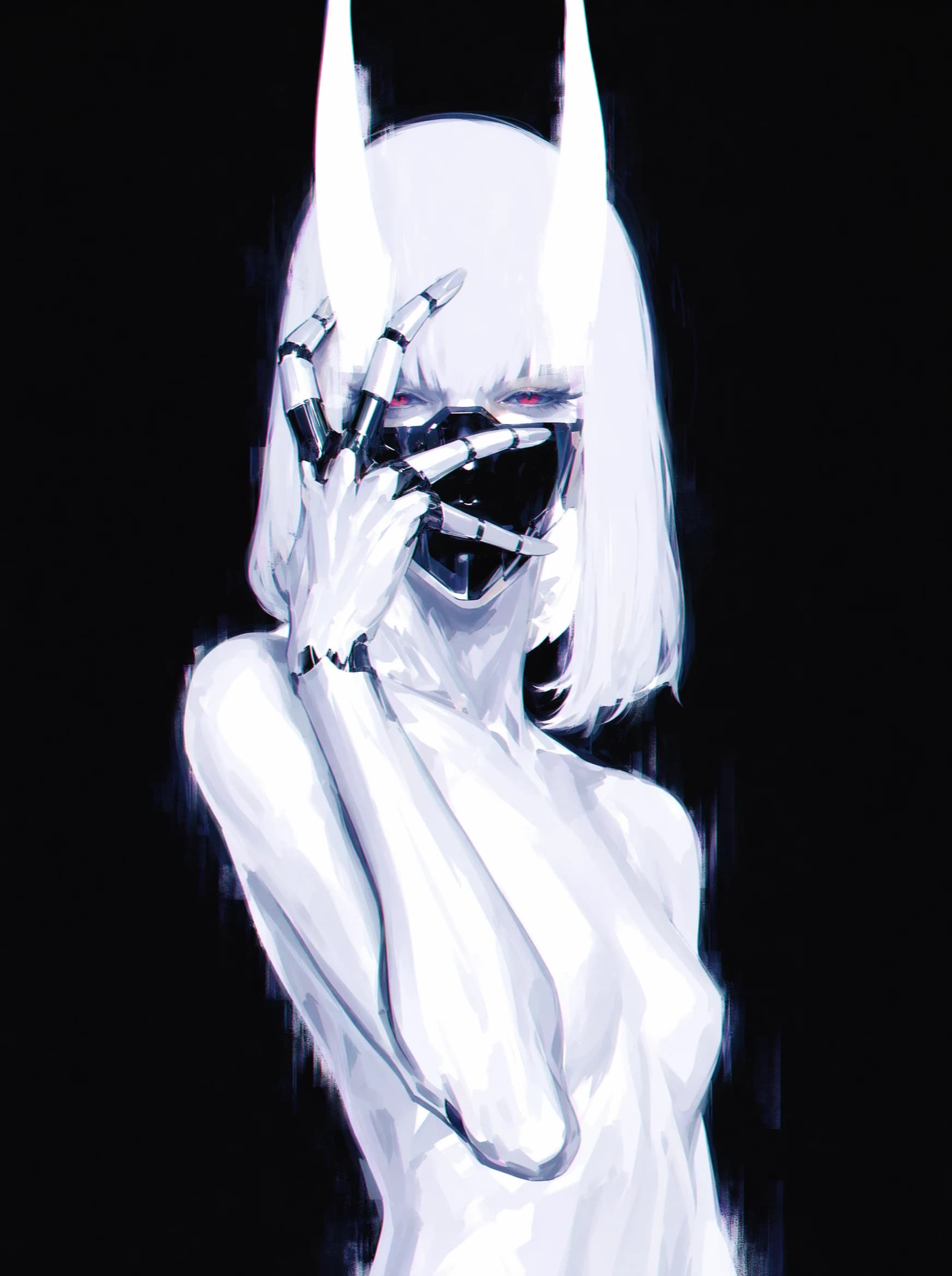 A monochrome anime portrait of a pale figure with white hair, two long pointed bunny ears, a black triangular mask covering the lower face, and a chrome robotic-fingered hand raised across the face; red eyes glow above.