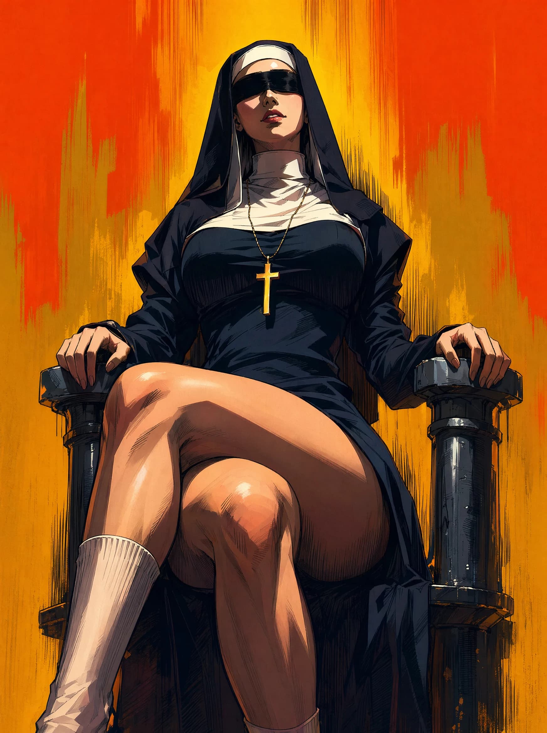 A stylized illustration of a nun in full habit and sunglasses, seated on a dark throne with one leg crossed, wearing a gold cross and a single white knee-sock, against a bold orange and yellow brushstroke background.