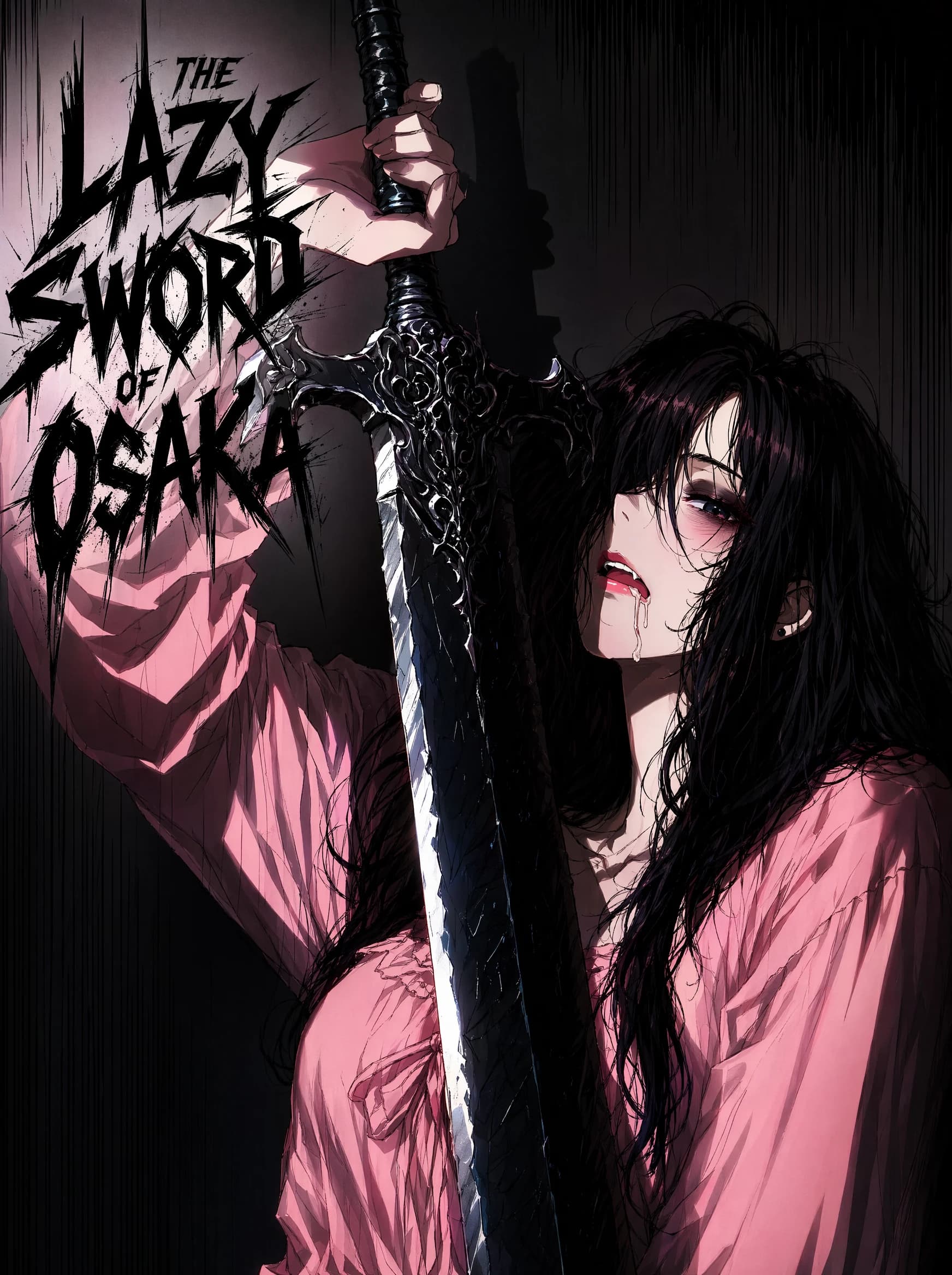 A moody anime poster of a long-black-haired figure in a pink robe, blood streaks on the face, holding a dark katana propped vertical with both hands; jagged metal-band title "THE LAZY SWORD OF OSAKA" runs along the.