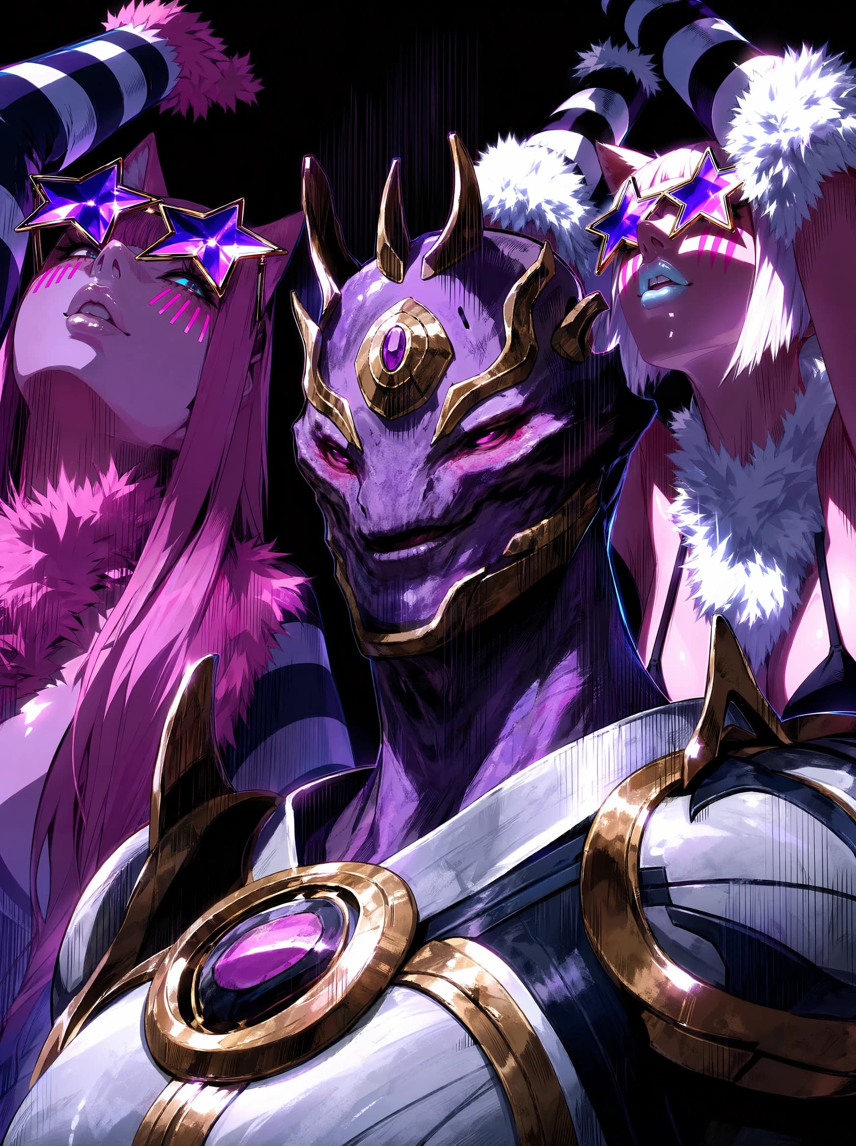 An anime trio: a horned third-eyed dragon-skinned figure flanked by two pink-haired women in star-shaped purple sunglasses, fur-trimmed striped accessories, and gold gem accents against a deep purple-black background.