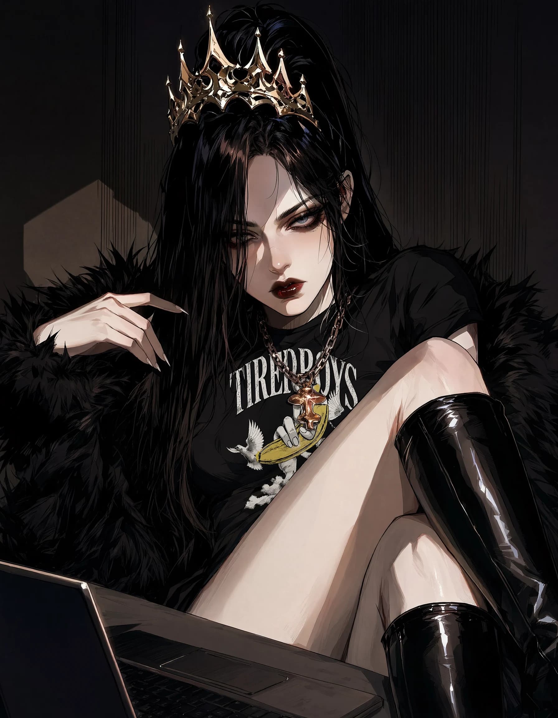 A dark-haired figure in a gold crown, dark lipstick, a black Tired Boys Club tee, latex thigh-high boots, sitting on a fur-draped couch with a laptop in the foreground.