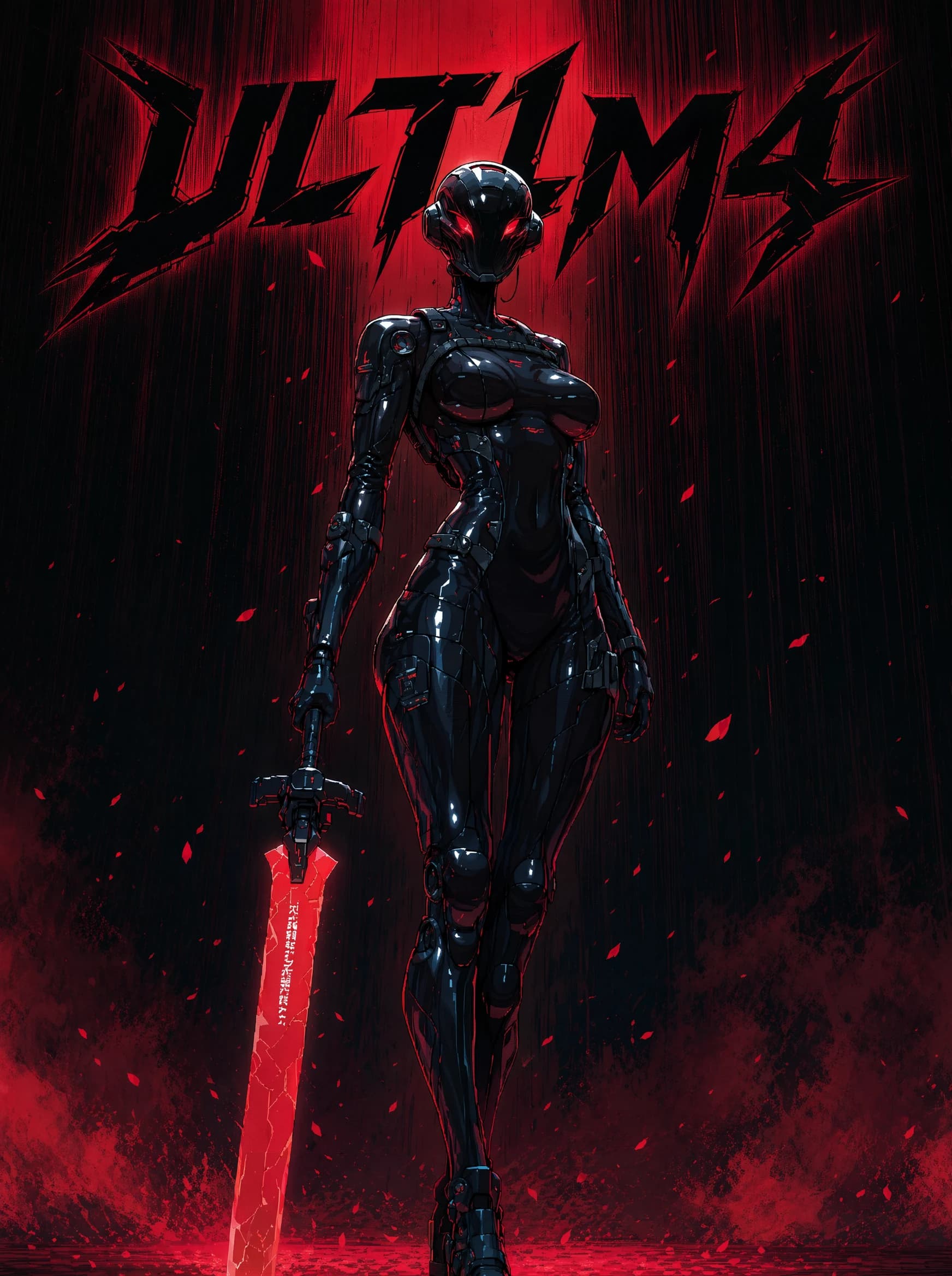 A red-and-black anime poster of a black-armored cyborg figure with a smooth alien faceplate and a single red eye, walking forward holding a glowing red oversized sword down at one side, with red rain falling against.