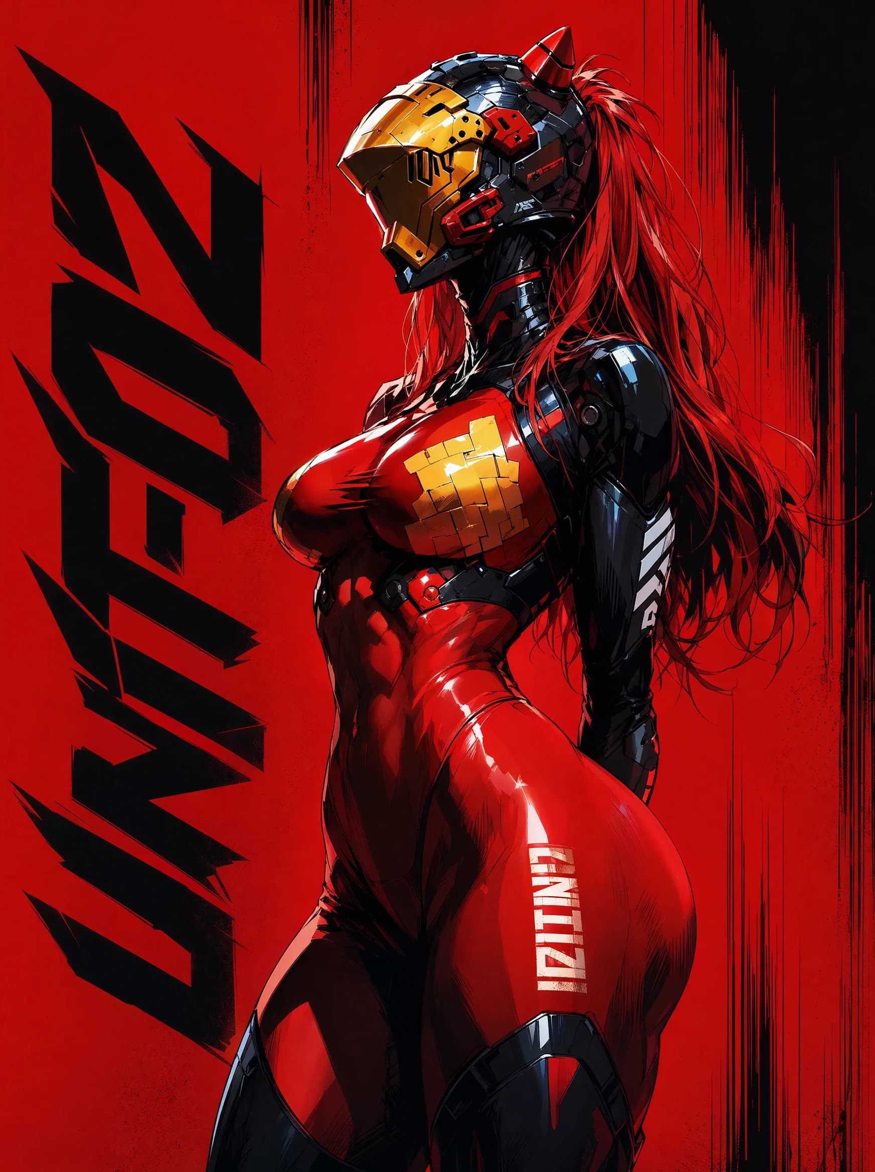 A bold red-and-black anime poster of a figure in a full-face yellow-and-red helmet with red ponytail, in a tight panelled red bodysuit with yellow chest accents, side profile against ragged red and black brushstrokes.
