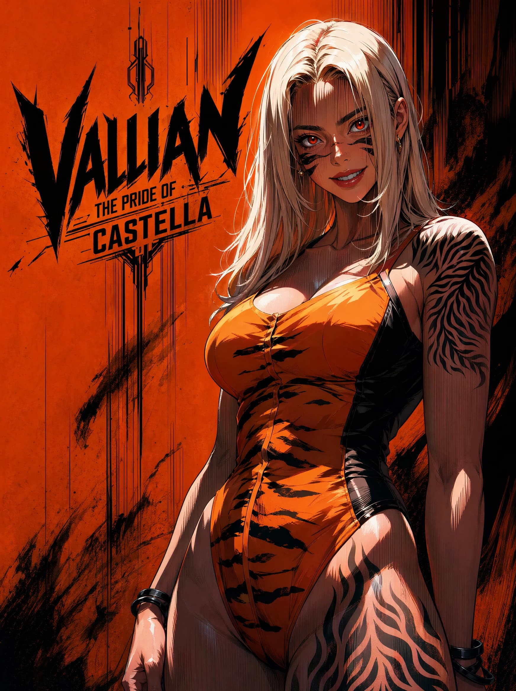 A bold orange poster of a long-blonde-haired figure in an orange-and-black tiger-striped one-piece, tiger paint across the face and tribal stripe tattoos down the left arm and right thigh; title "VALLIAN: THE PRIDE OF.
