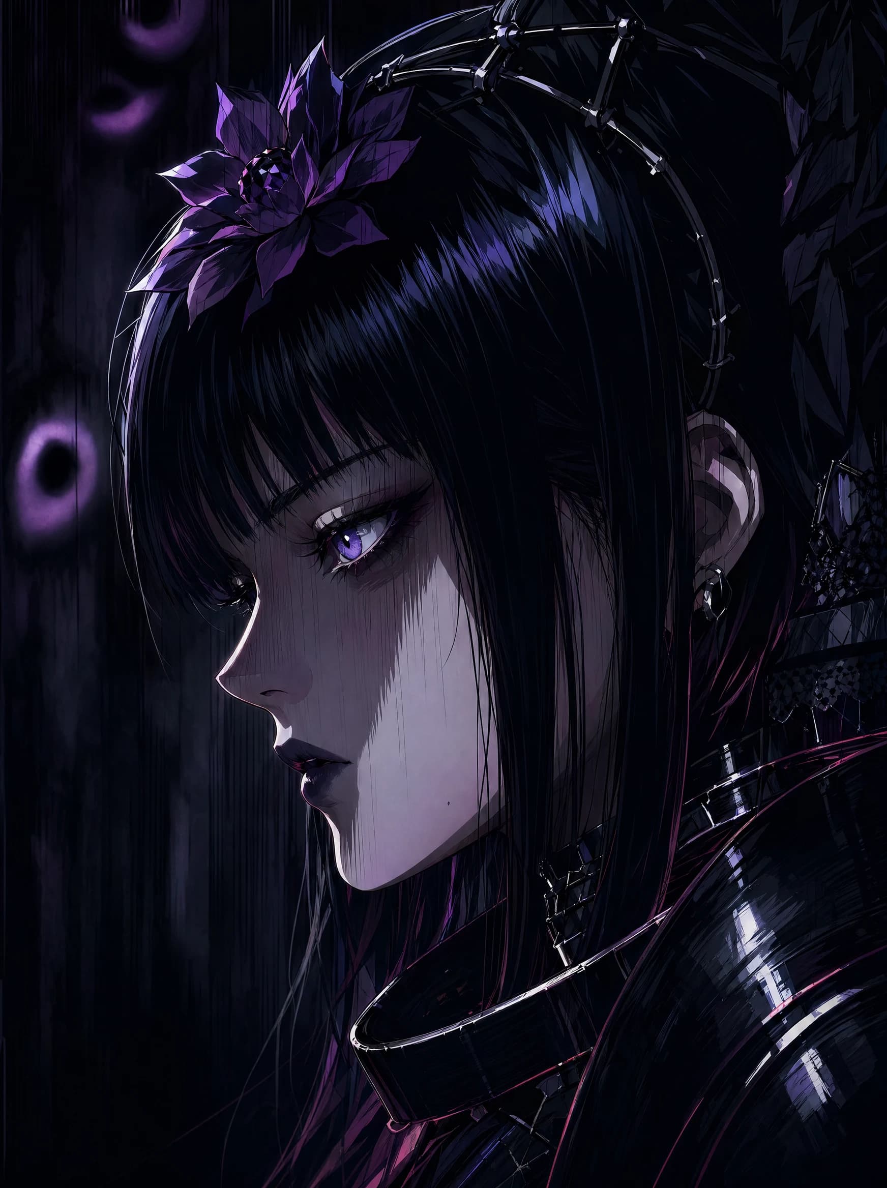 A young woman in three-quarter profile with long black hair, violet eyes, and a small purple flower tucked beneath a thorned crown; she wears a black armored collar against a near-black background.