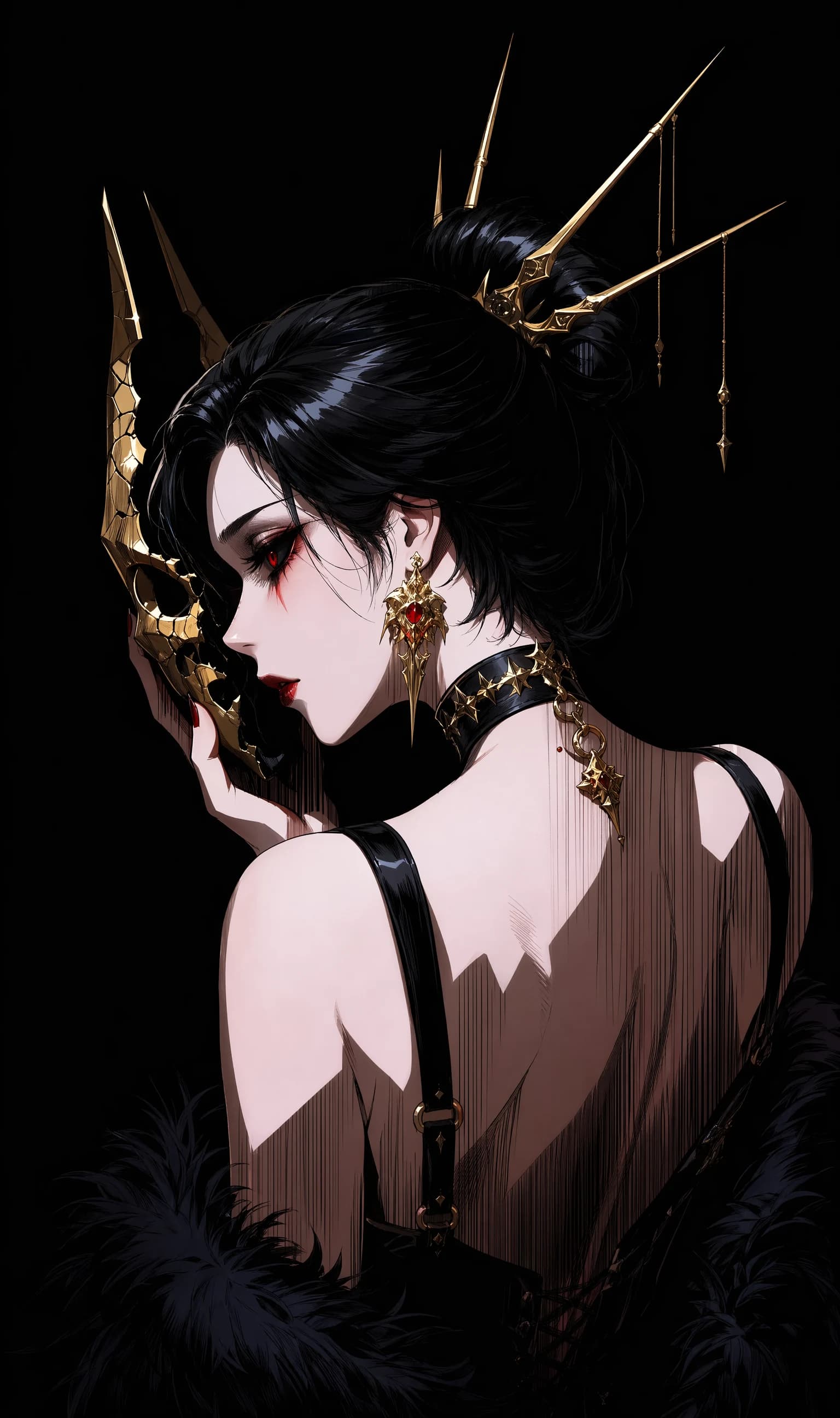 Anime back-profile: black hair in a high bun with tall gold-spiked ornaments, a gold mask held aside, red eyes, dark red lips, studded collar, bare back with thin straps, black fur at the bottom, on pure black.