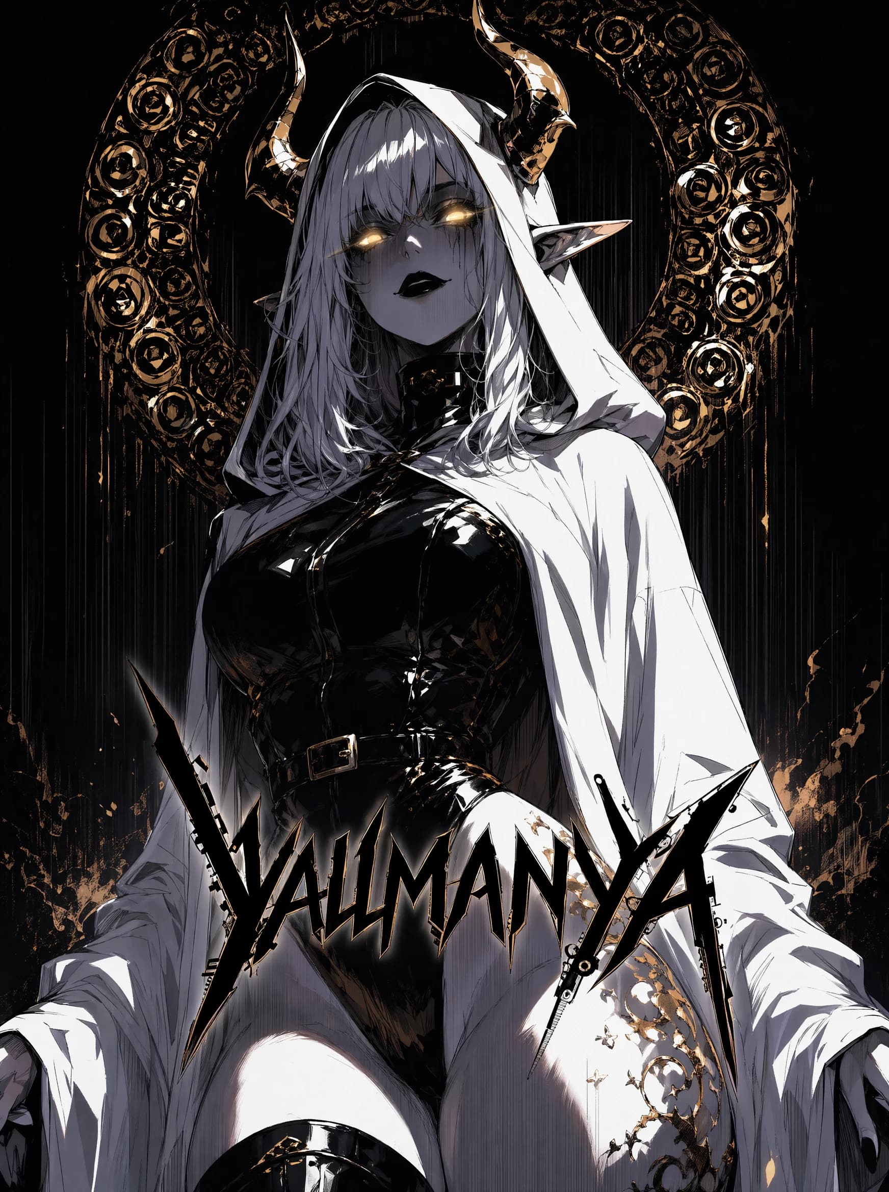 A dark anime poster of a hooded white-haired figure with twin curling horns and pointed elf ears, glowing yellow eyes, dark lipstick, in black armor under a white cloak, against an elaborate gold rose halo; jagged.