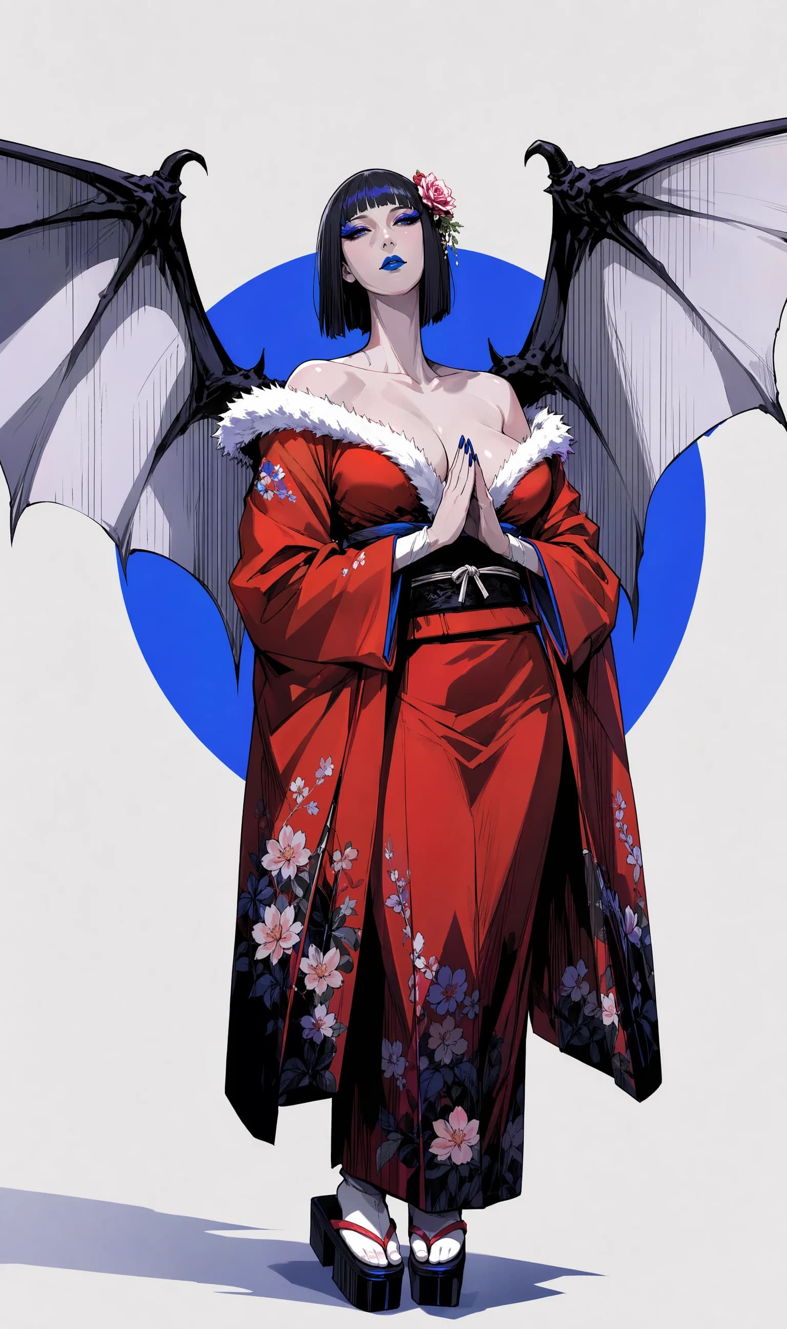 Full-figure anime illustration of a bat-winged figure in a red cherry-blossom kimono with white fur collar and black obi, standing against a flat blue circle on a pale background.