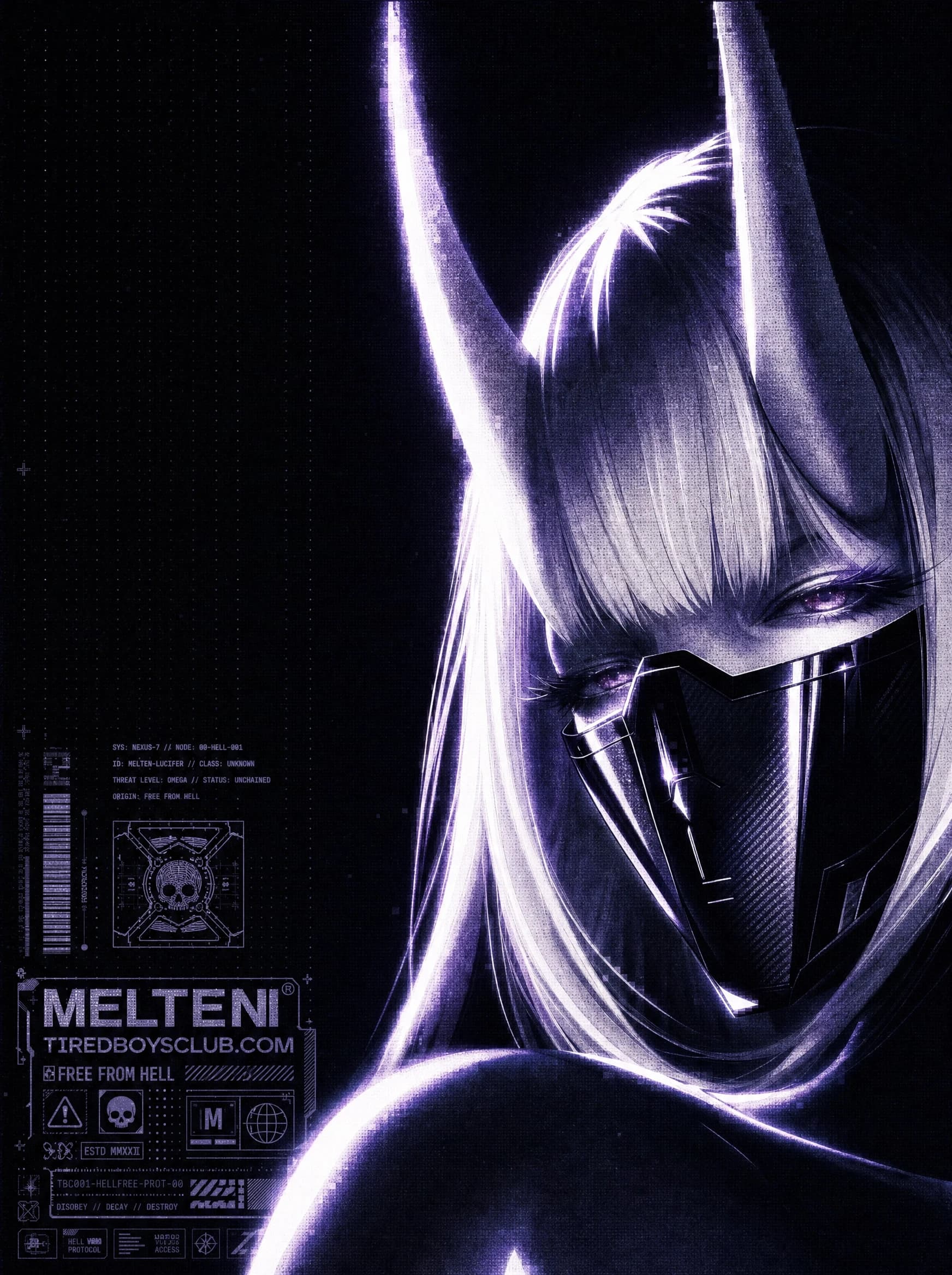 MELTEN poster, a horned figure in white hair with a dark plated mouth-mask, barcode block and tiredboysclub.com tag, deep purple grain throughout.