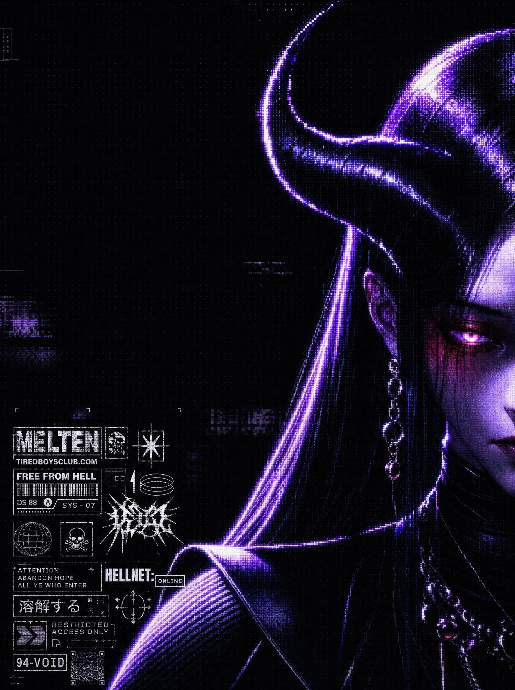 MELTEN poster, profile of a black-haired horned figure with a single red eye, dripping earrings, restricted-access stamps and QR code beside her.