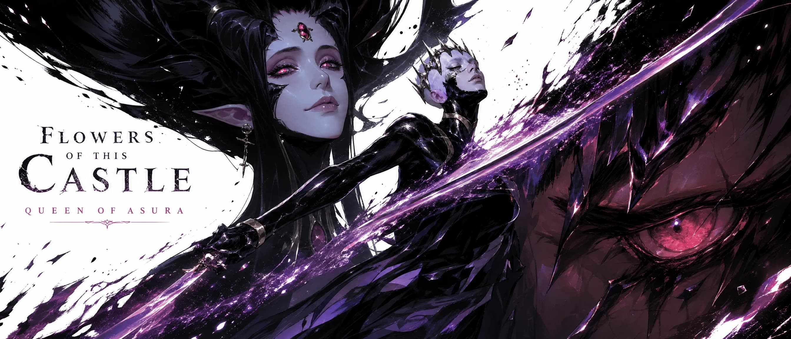 Wide banner crop of the queen and the spike-helm warrior beside a sweeping black scythe, the giant red iris on the right and FLOWERS OF THIS CASTLE: QUEEN OF ASURA at left.