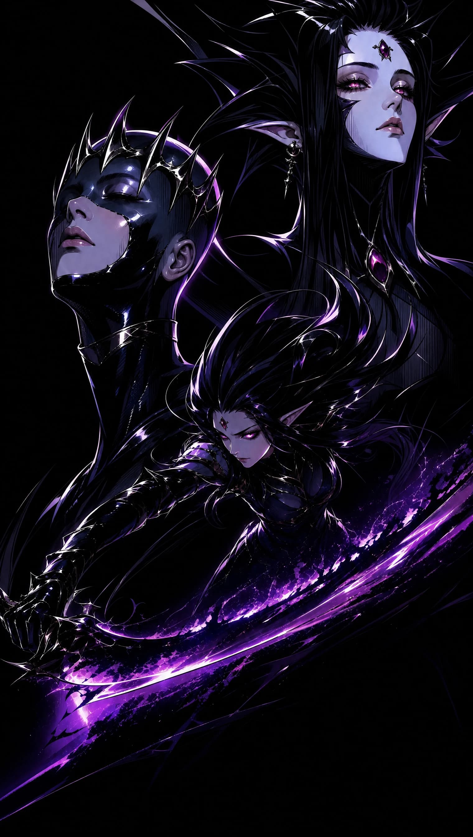 Vertical panel against black — the spike-helmed warrior, the third-eye queen, and the red-eyed lieutenant tracing a low purple sword arc through the dark.