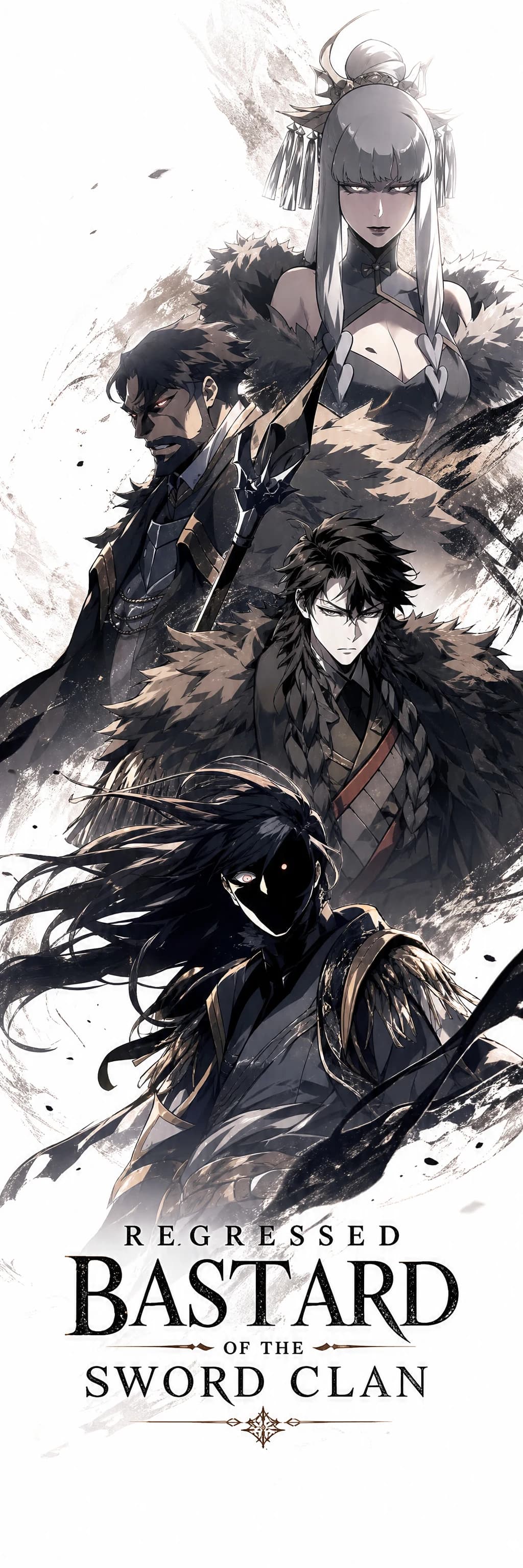 Four characters arranged vertically — the silver matriarch above, two black-haired men in the middle, a hooded swordsman below — same series banner.