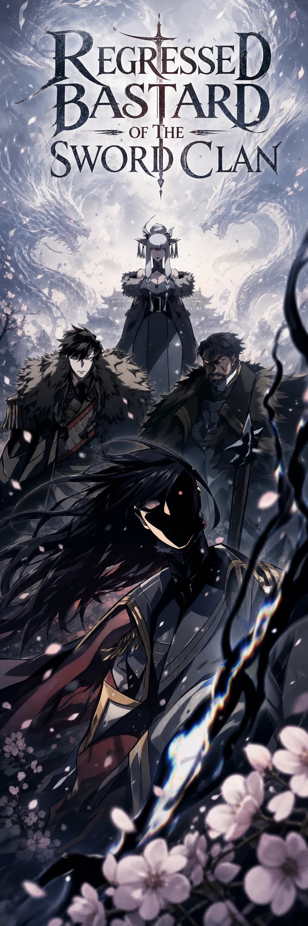 Three black-haired men against a sakura backdrop, swords slung low, the REGRESSED BASTARD OF THE SWORD CLAN logo above them in serif caps.