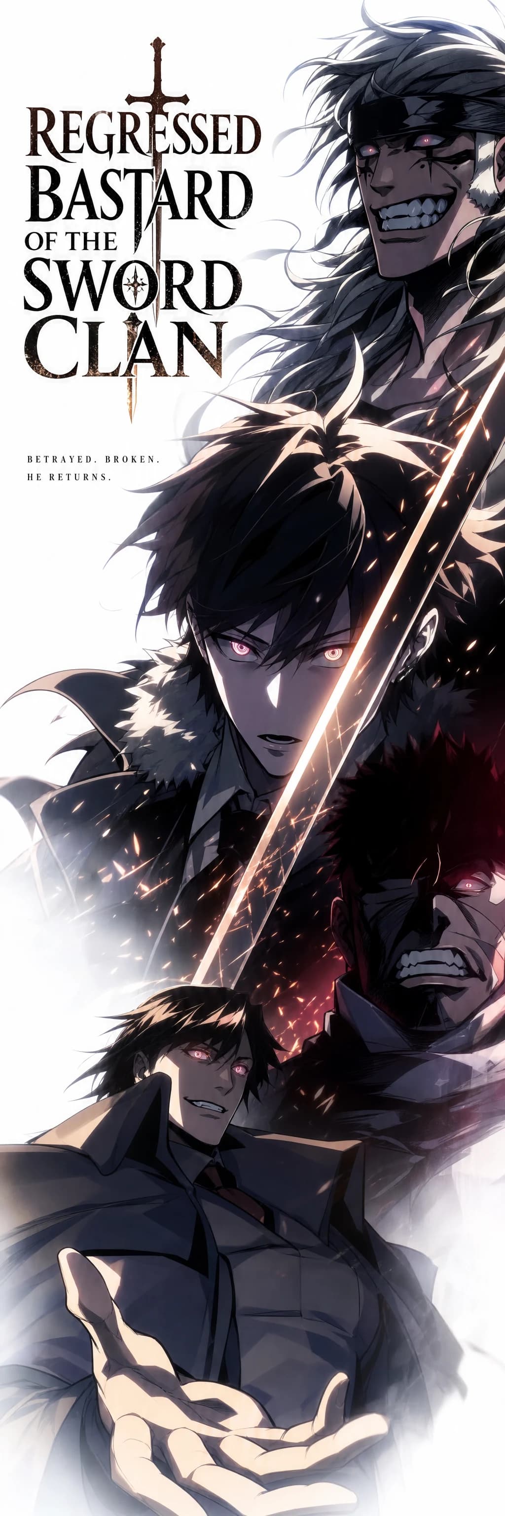 Triple portrait of a red-eyed swordsman — bared teeth above, the same character mid-strike, and laid out below; series title in caps.