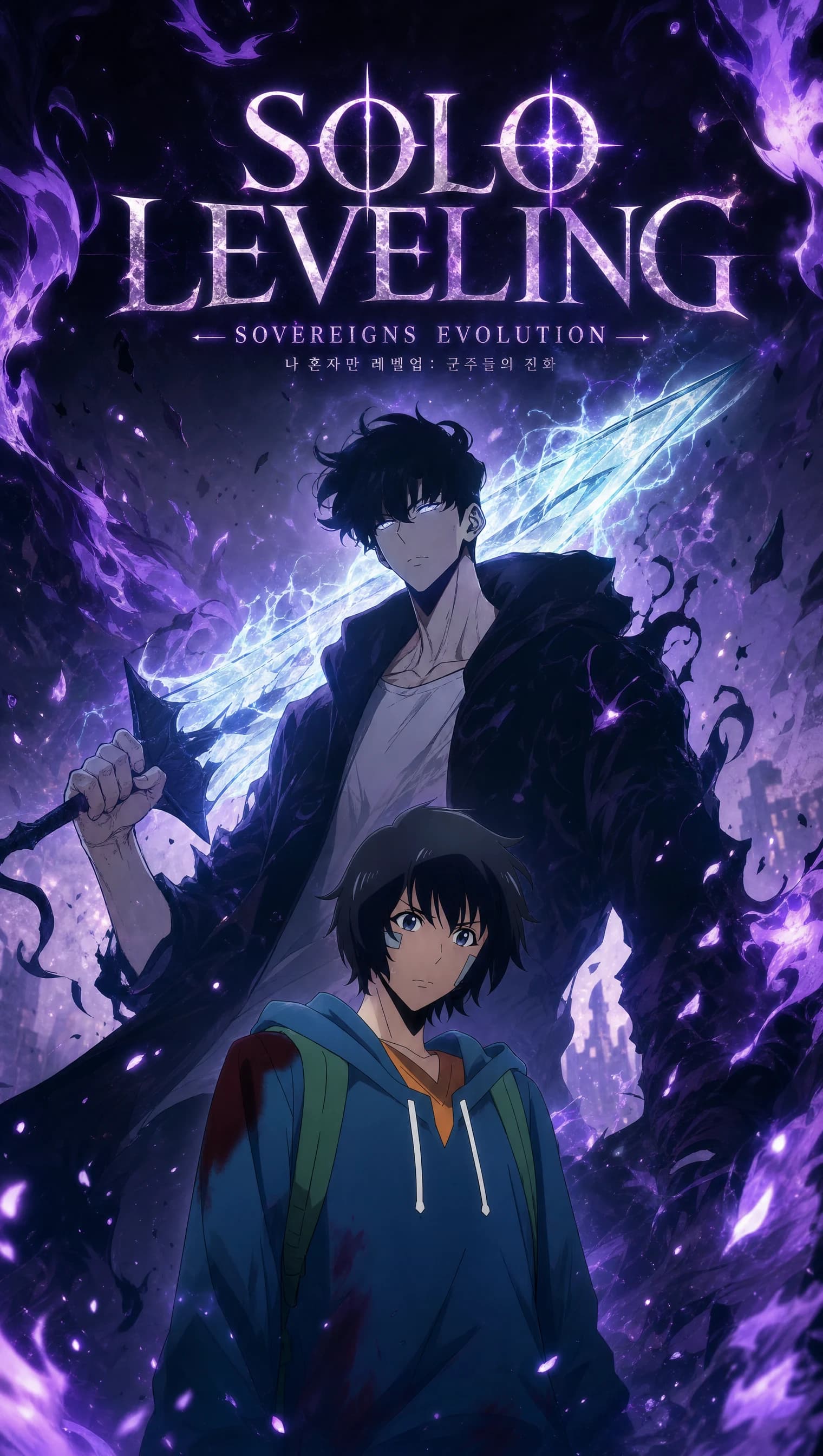 Same SOLO LEVELING SOVEREIGNS EVOLUTION title block, now with the older hunter raising the ice sword above a younger version in a hooded jacket, purple flame curling behind them.
