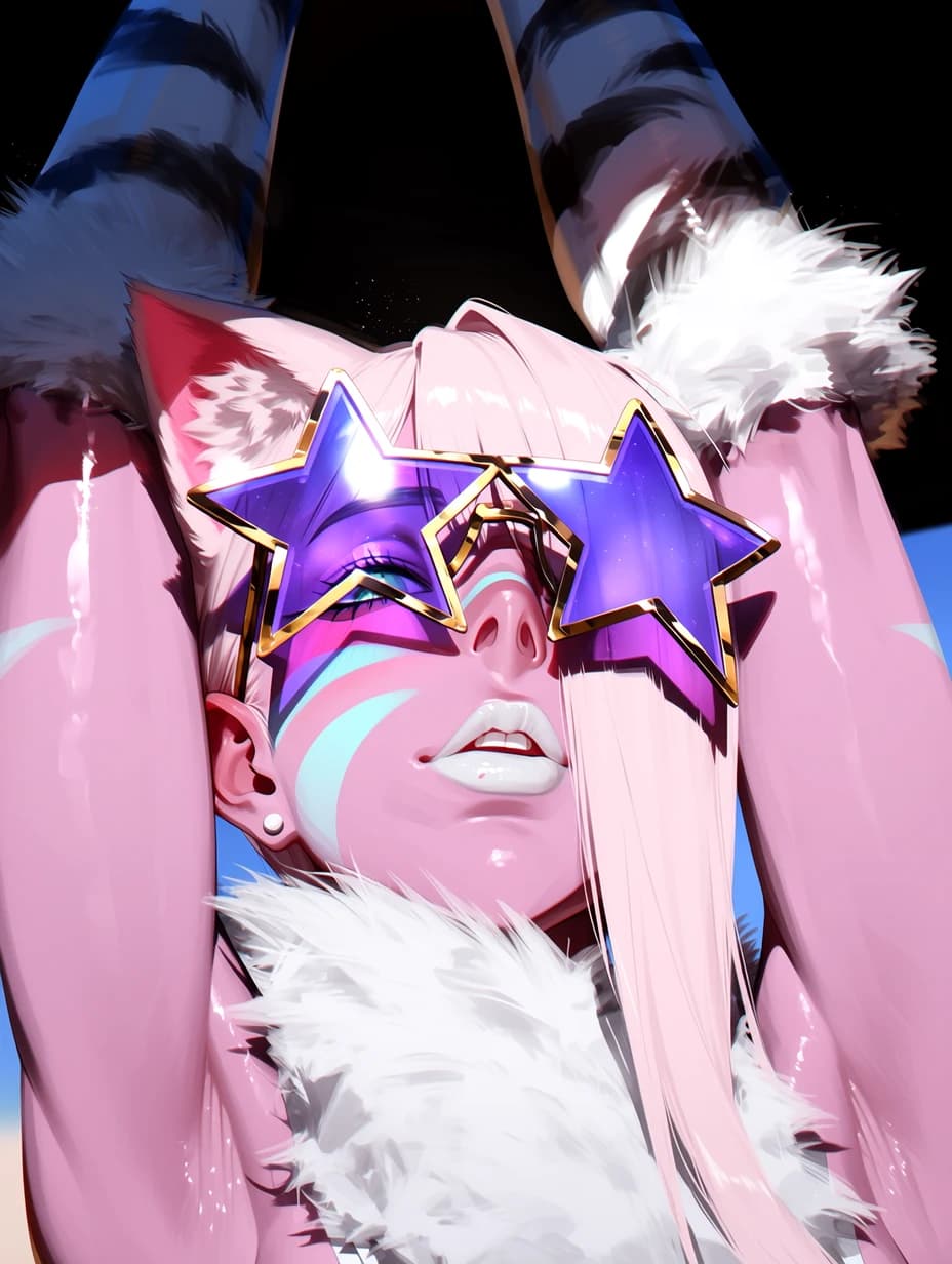 Catgirl framed by raised striped arms, magenta and violet star lenses catching the light, white fur trim, pink hair falling to the shoulders.
