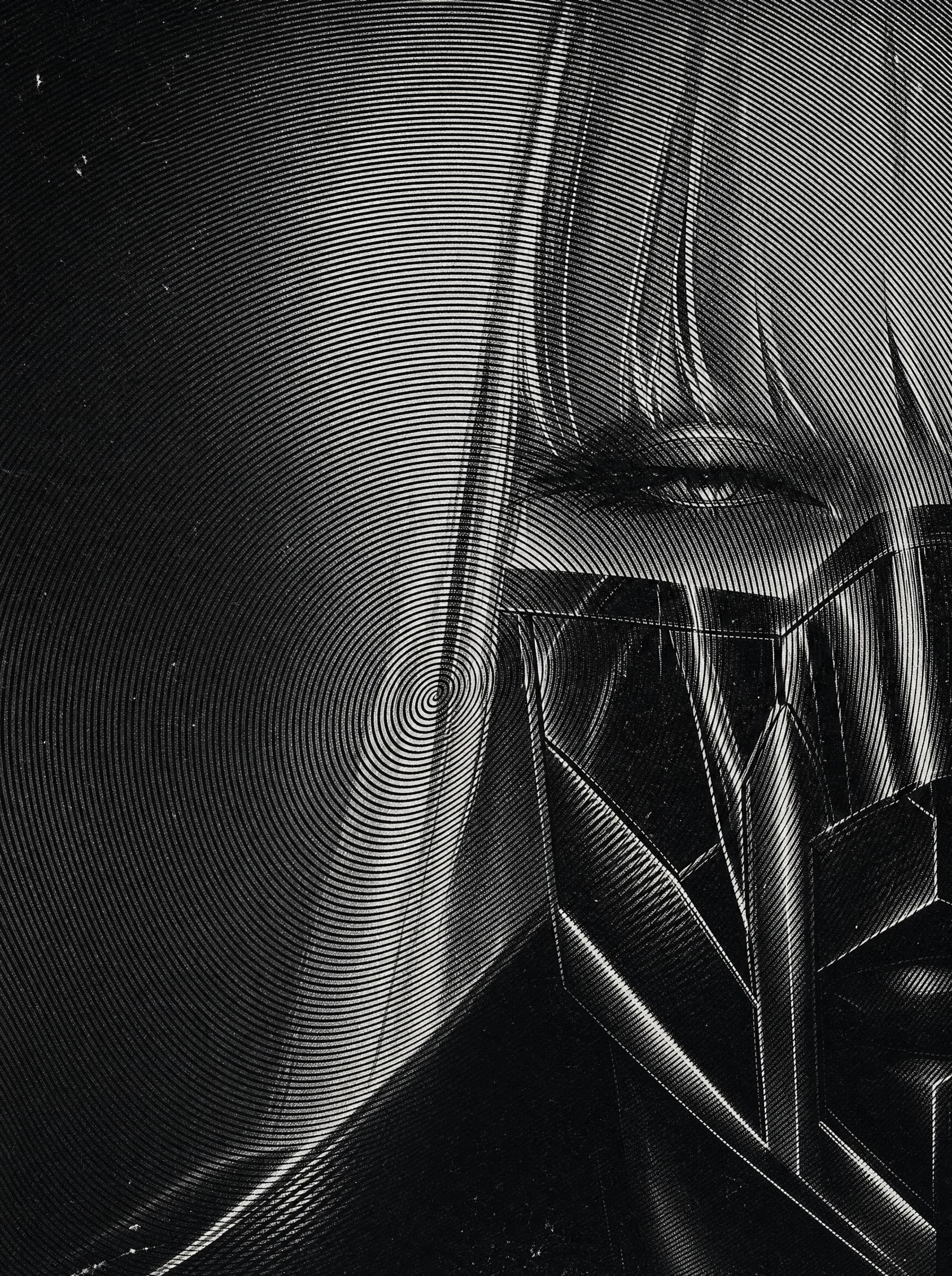 A black-and-white face emerging from concentric line patterns, a single visible eye, the chin and collar broken into faceted polygonal shards.