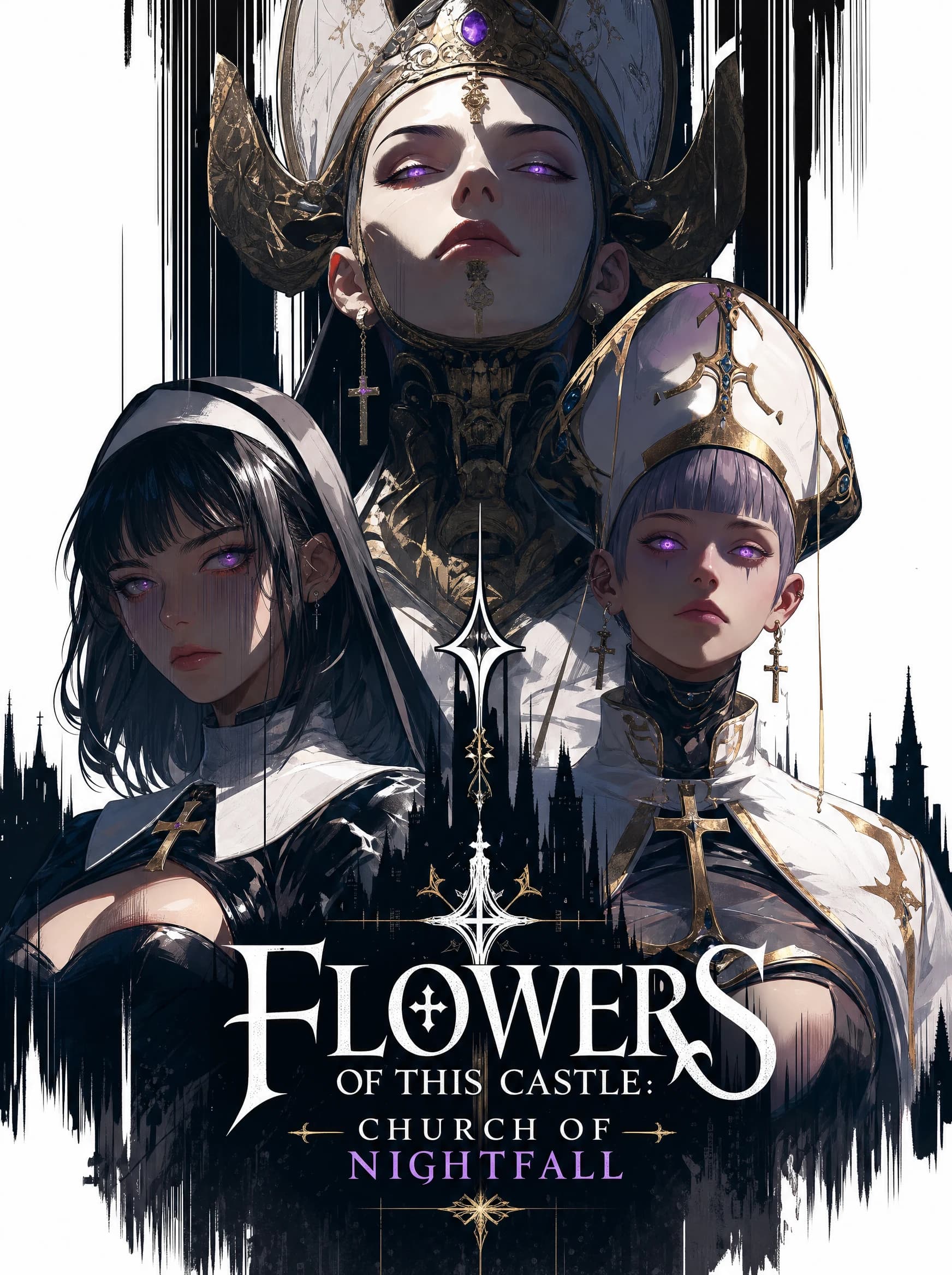 Three clergy — a violet-eyed matriarch in a gold mitre, a black-hooded nun beside her, a pale young nun in a white mitre with gold crosses; CHURCH OF NIGHTFALL set across the bottom.