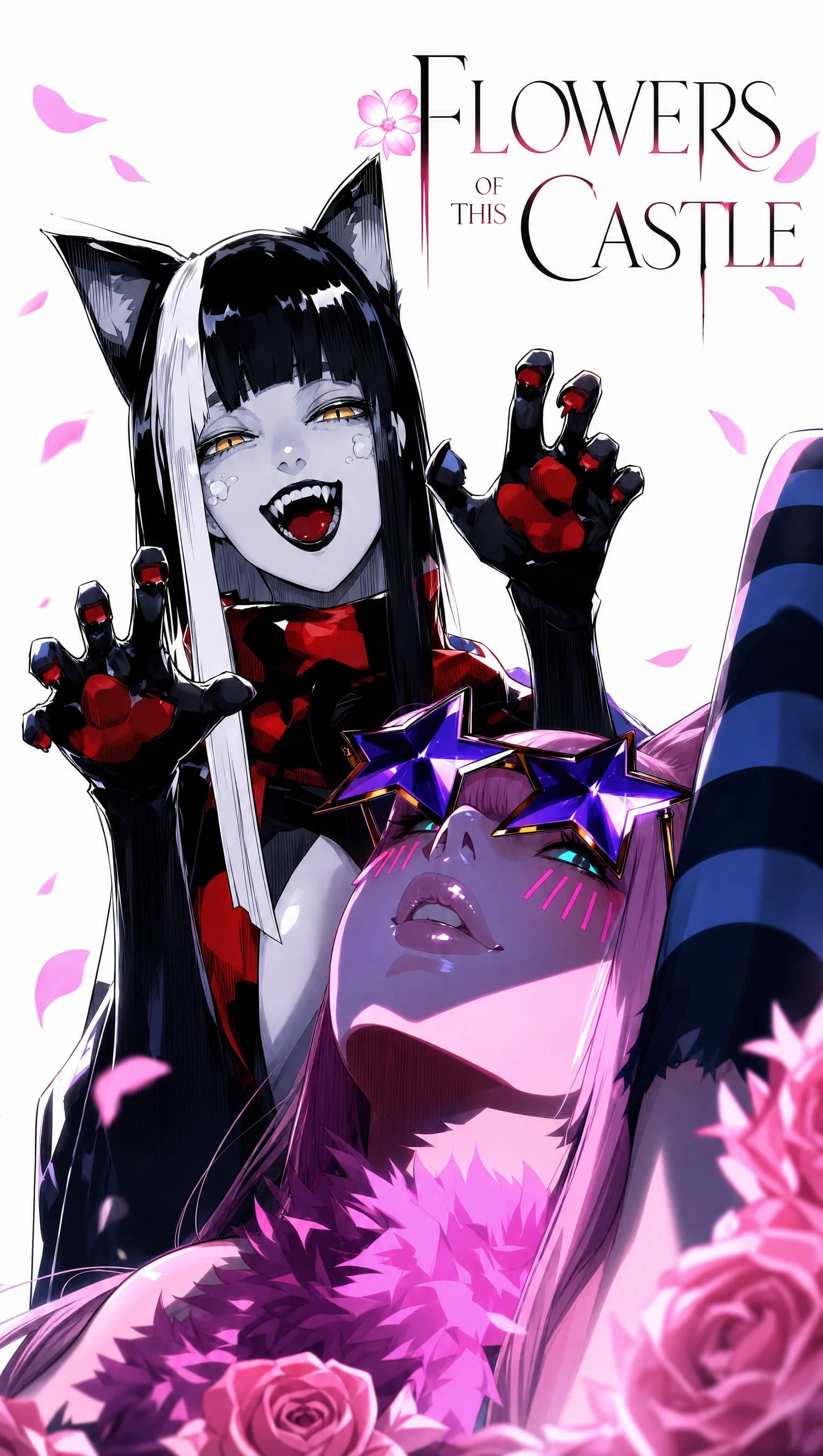 Two characters — a black-haired catgirl with a white forelock, fangs and yellow eyes with hands clawed bloody, and a pink-haired character below her in star sunglasses reclining across the panel.