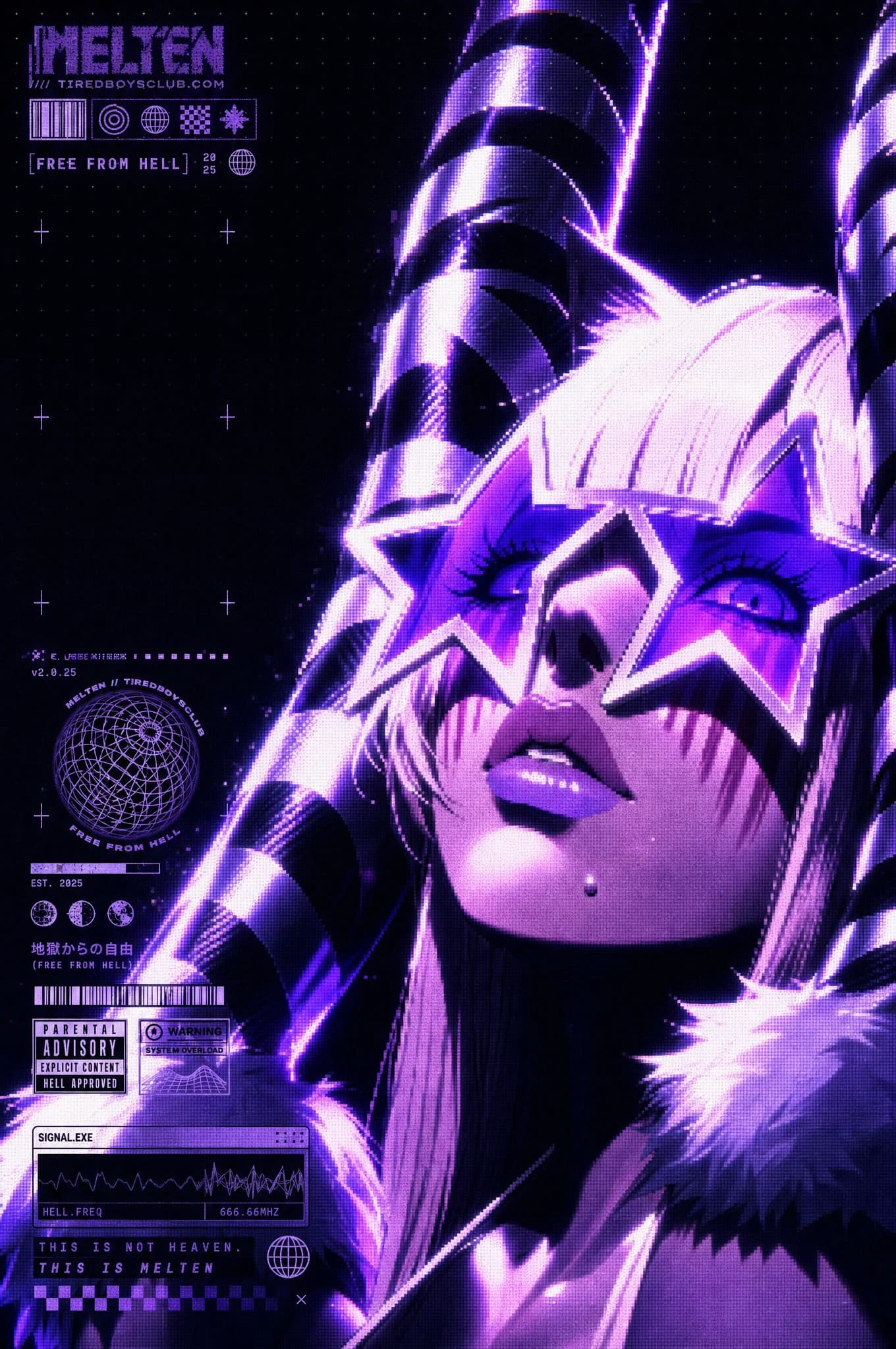 Purple-toned poster with MELTEN logo at the top and FREE FROM HELL beside it, a character with violet star lenses across the eyes and striped horns curving down, fur stole at the shoulders.