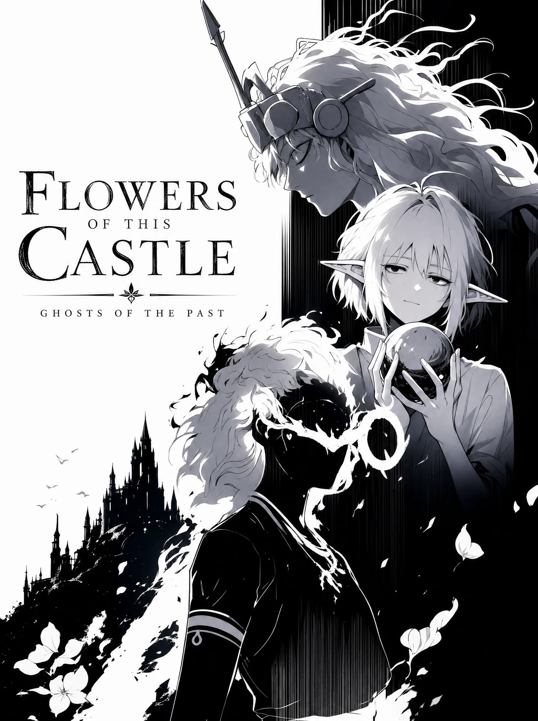 Black-and-white panel of an elf with a pendant beside a hollow-eyed soldier holding a spear, a castle and white-flame creature below them; FLOWERS OF THIS CASTLE GHOSTS OF THE PAST in serif on the left.