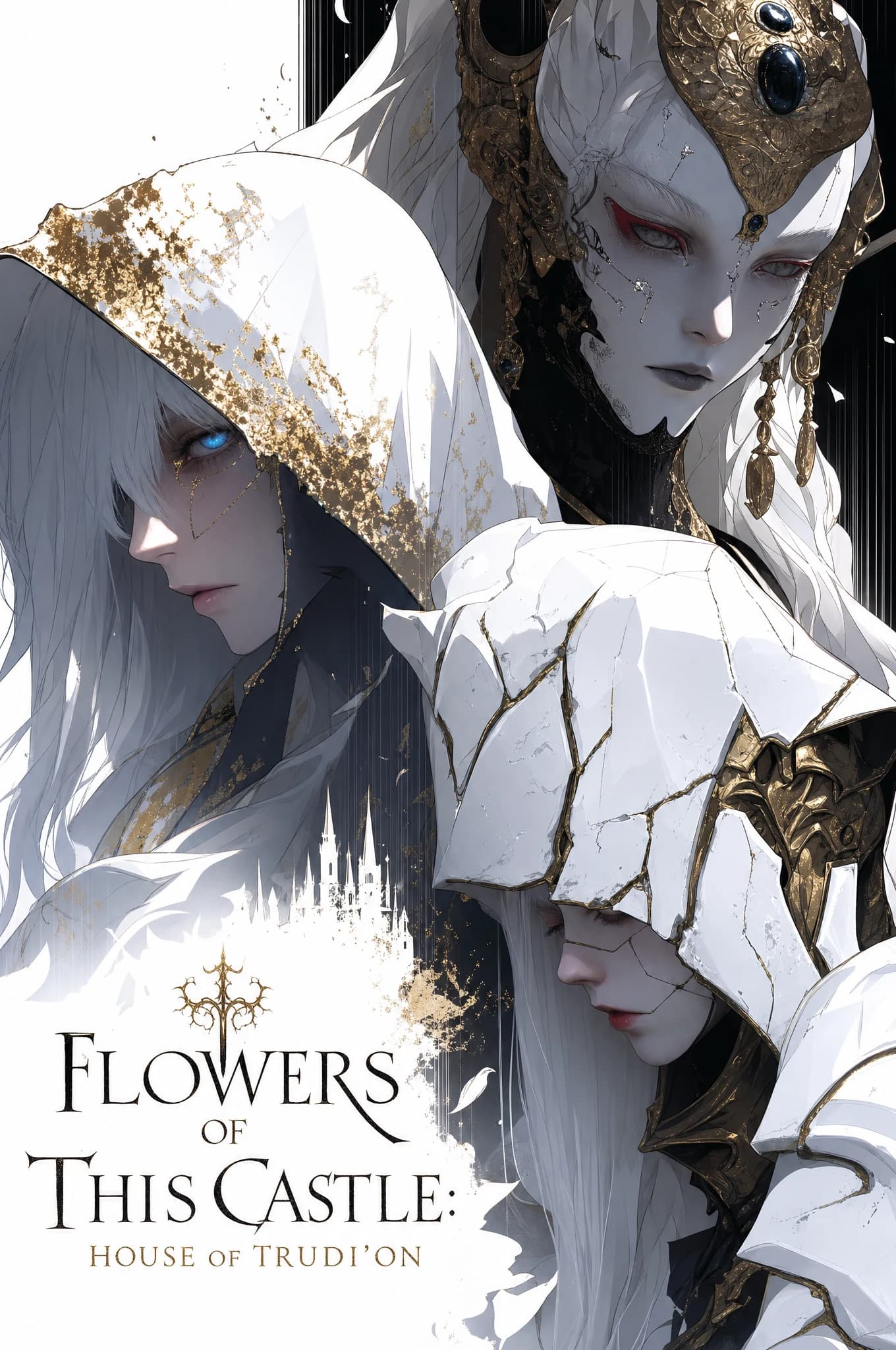 Three white-and-gold figures — a hooded blue-eyed knight, a gold-crowned woman with cracked porcelain skin and red-rimmed eyes above, a smaller girl with closed eyes leaning in; HOUSE OF TRUDI'ON below.