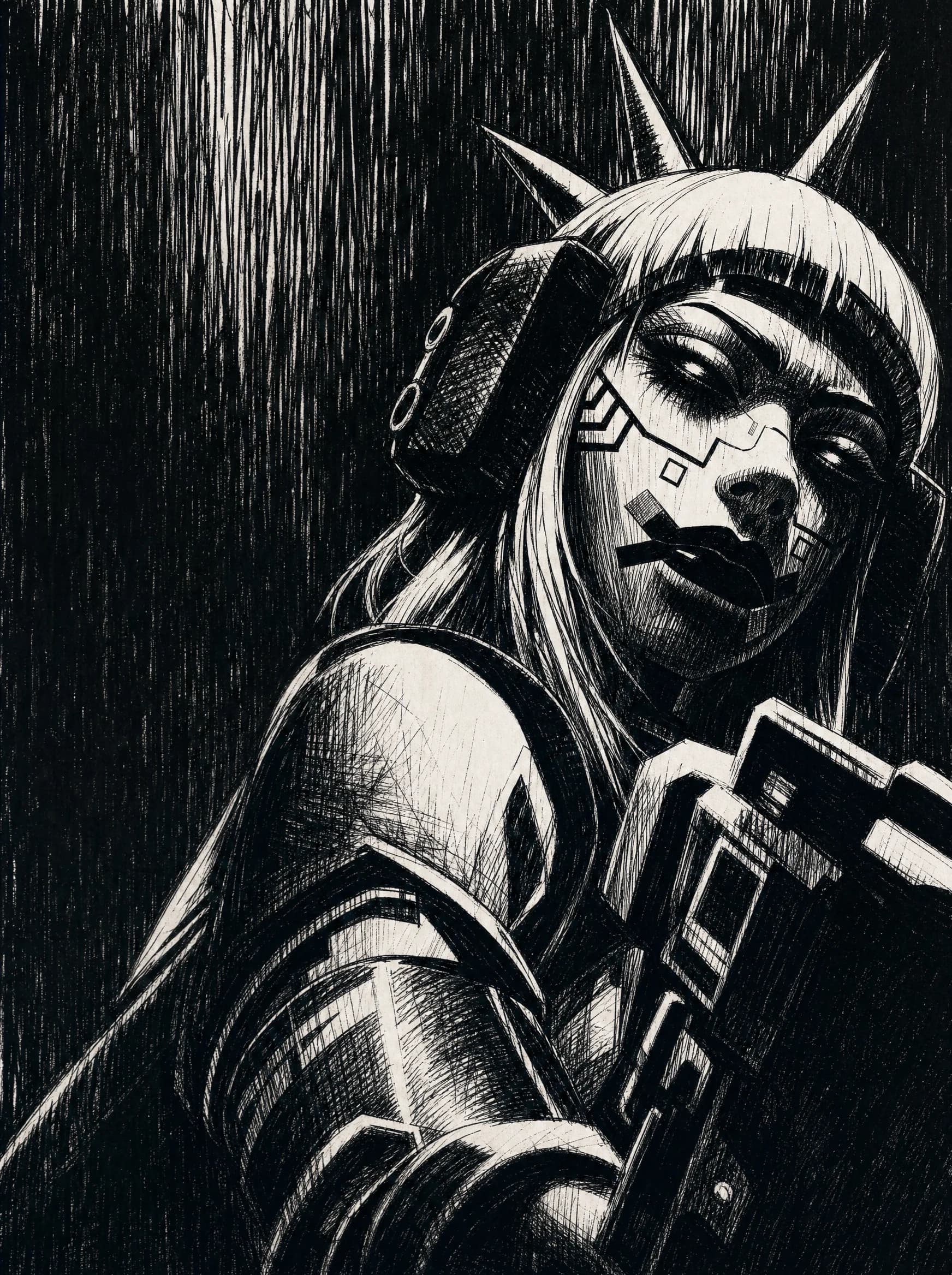 Heavy ink drawing of a soldier in a spiked headband holding a rifle in the rain, square pixel-ink markings on the cheek, a headset over one ear, black and white only.