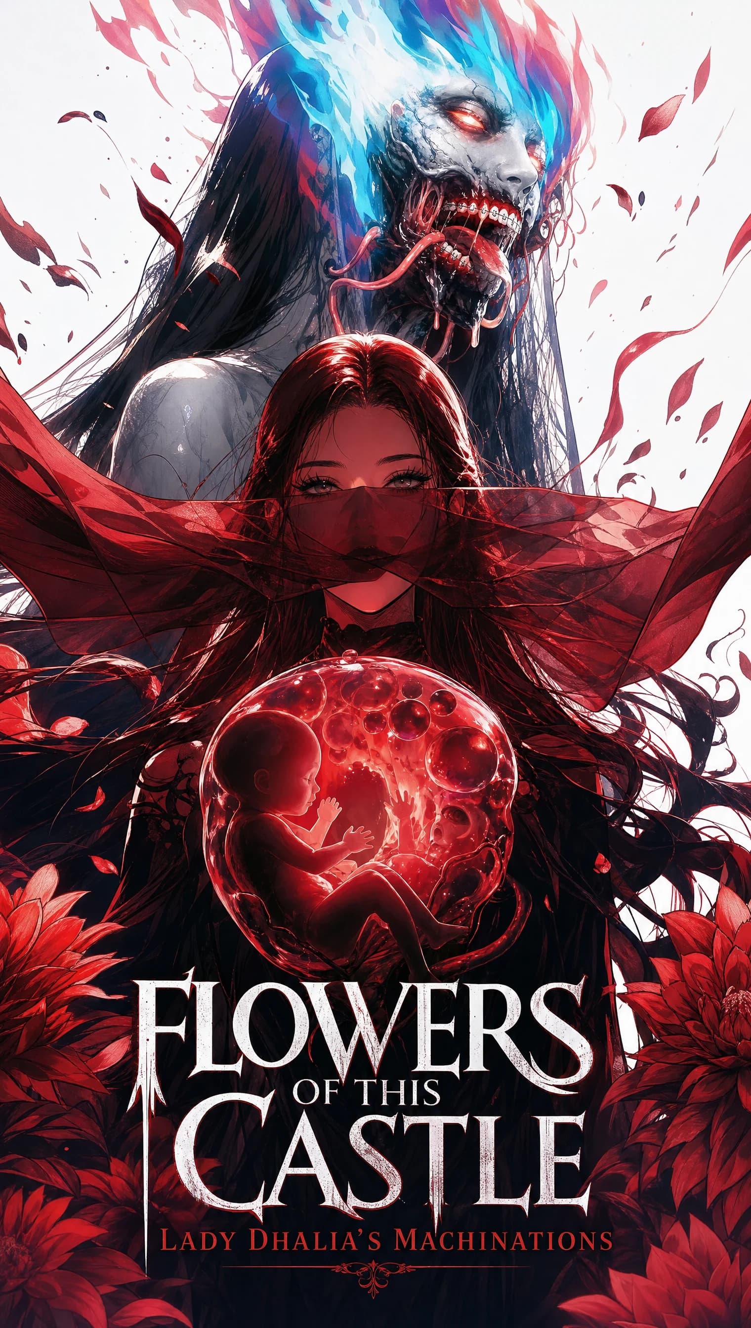 Red-cloaked woman with a red veil drawn across the mouth holding a translucent sphere that contains an embryo, a blue-haired demonic specter rearing above her, red poppies blooming up from the bottom edge.
