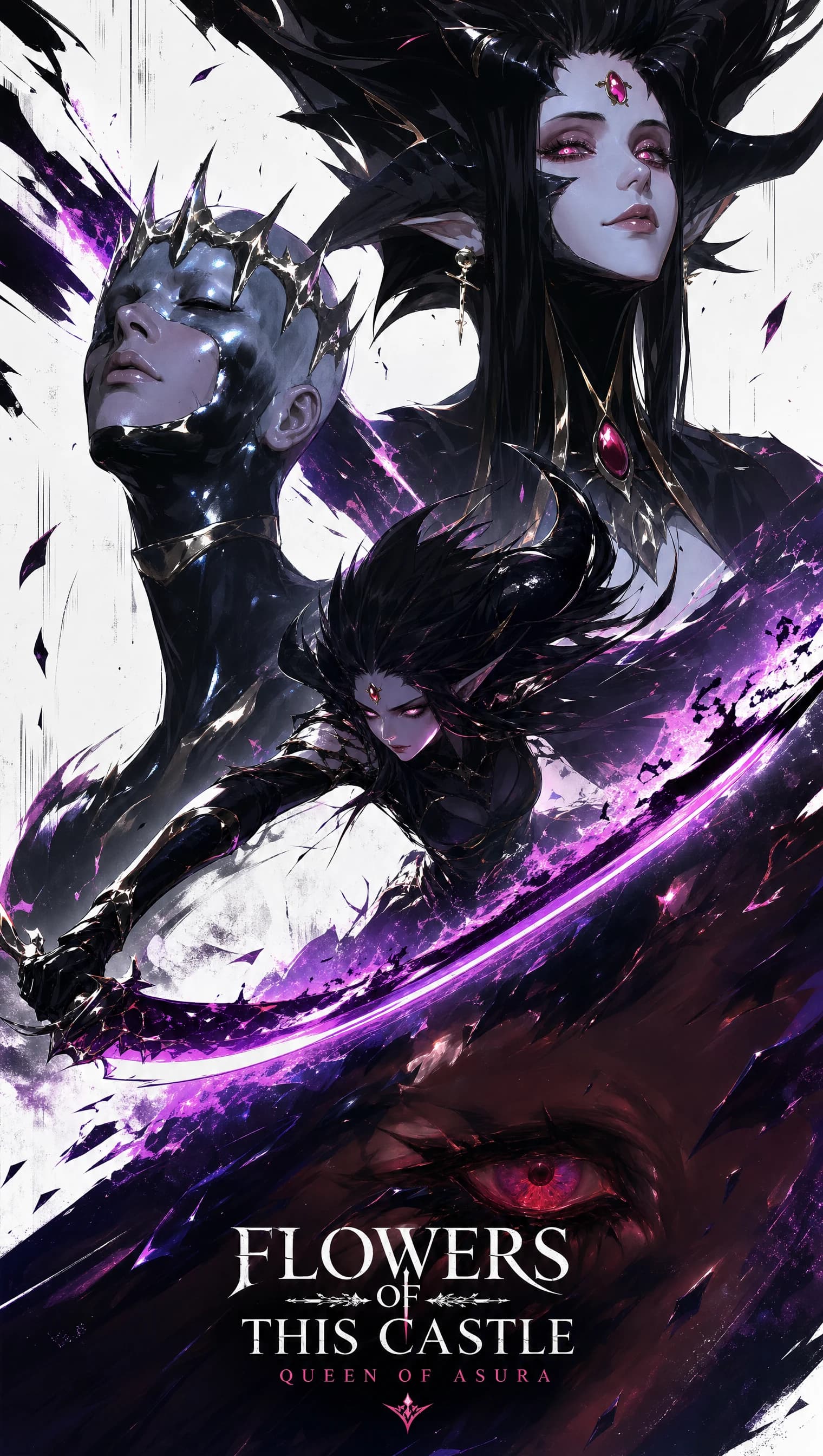 Three dark figures with a sweeping black scythe — a spike-crowned warrior in profile, a horned queen with red eye and a fistful of black braids, a smaller red-eyed lieutenant; a giant red iris watching from below.