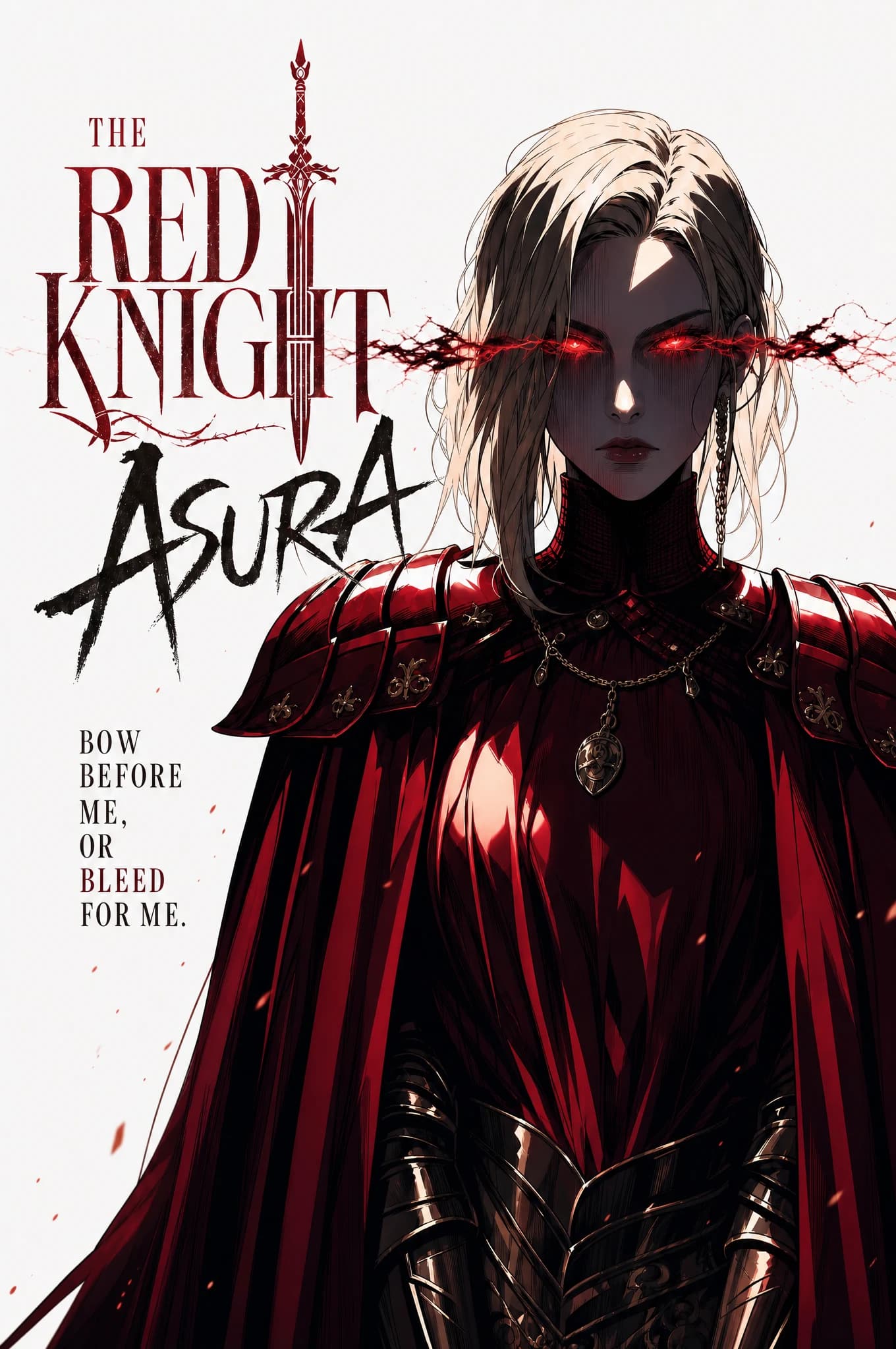 White-haired knight in a heavy red mantle, glowing red eyes with a horizontal slash of light across them, a dark sword running down the center of the panel; poster reads THE RED KNIGHT ASURA.