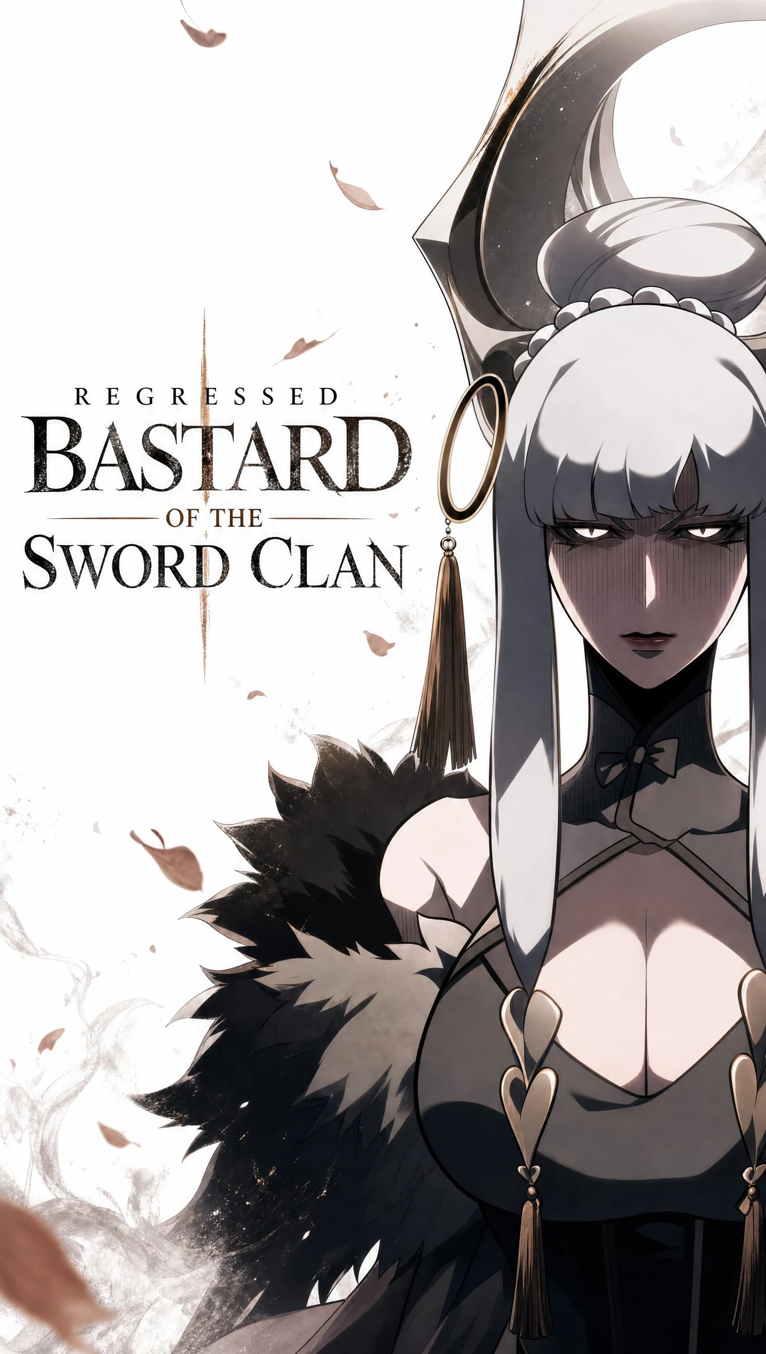 Silver-haired woman with a horned bone crown, white eyes, draped in a black fur mantle and corseted gown, beside red-shaded text reading REGRESSED BASTARD OF THE SWORD CLAN.