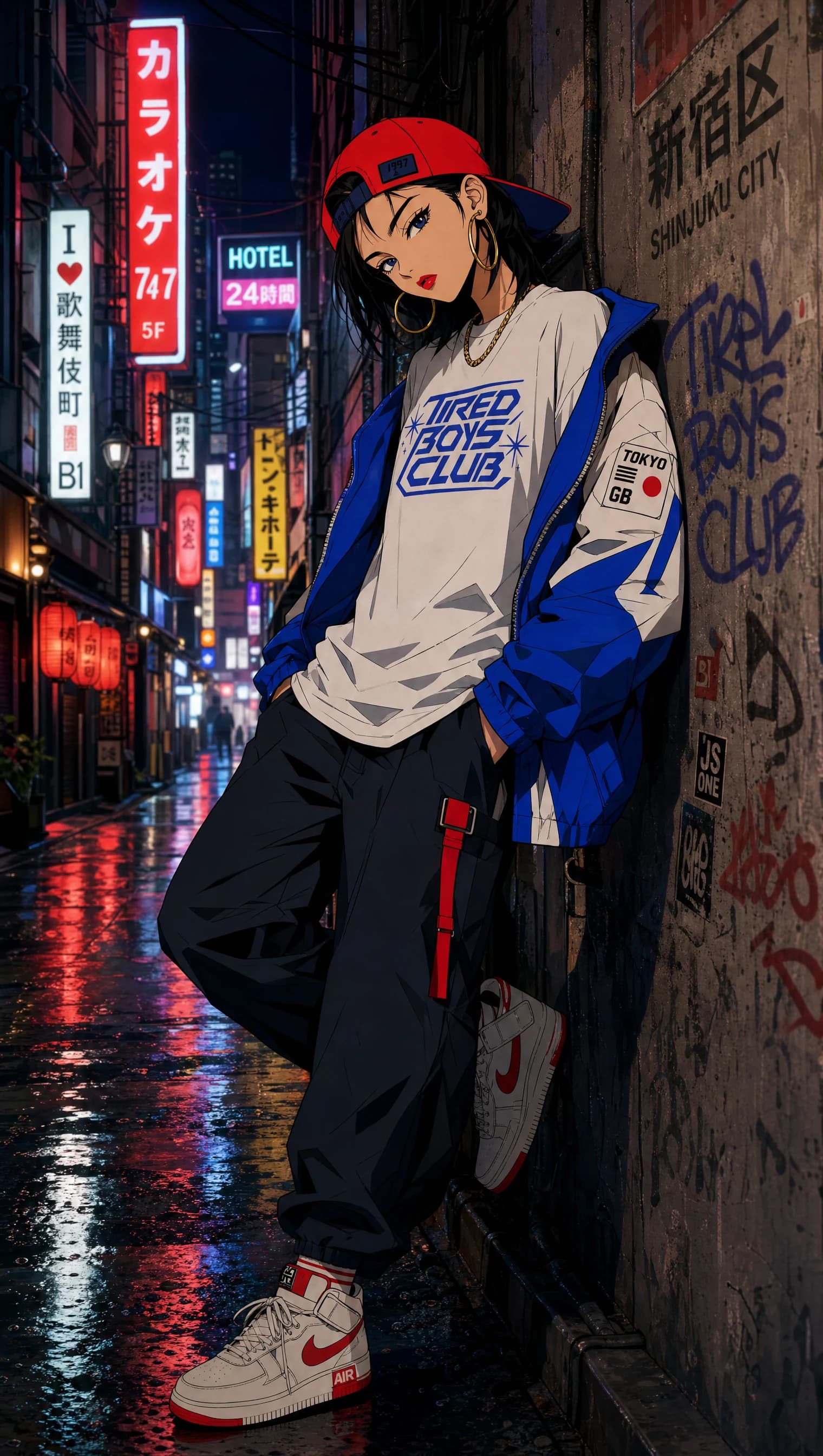 Character in a Tired Boys Club tee and red cap leaning on a graffitied wall in a Shinjuku alley at night, hoodie tied at the waist, Nike high-tops, neon karaoke and hotel signs glowing behind.