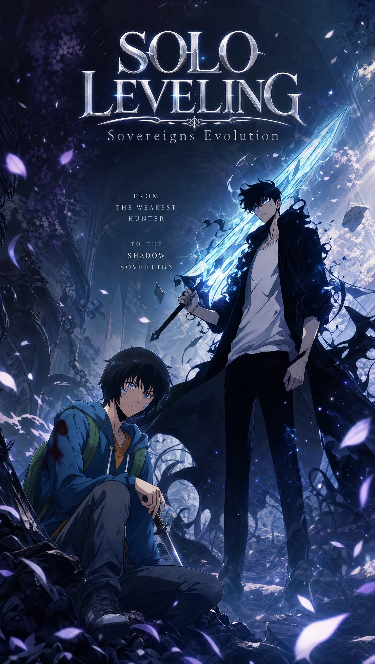 Two-character poster, a hunter in a blue hoodie crouched holding a knife, a taller dark-coated figure standing beside him raising a glowing ice-blue sword, purple petals falling around them.