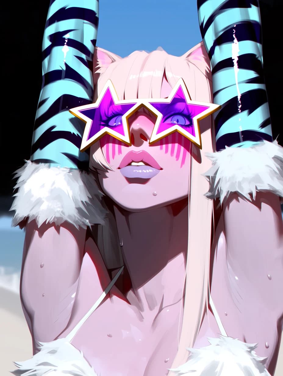 Pink-haired catgirl shot from below, magenta star-shaped sunglasses, blue striped arm warmers raised overhead, white fur cuffs, bright sky behind her.