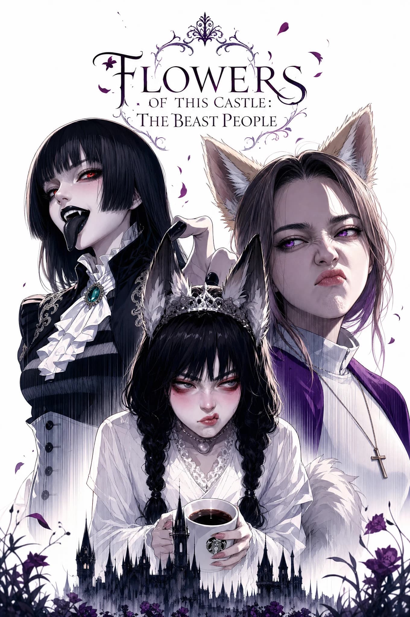 Three faces — a fanged vampire in a high black collar, a fox-eared brunette in a purple-trimmed coat, a tiara-crowned girl with twin braids holding a paper coffee cup; castle silhouette below.