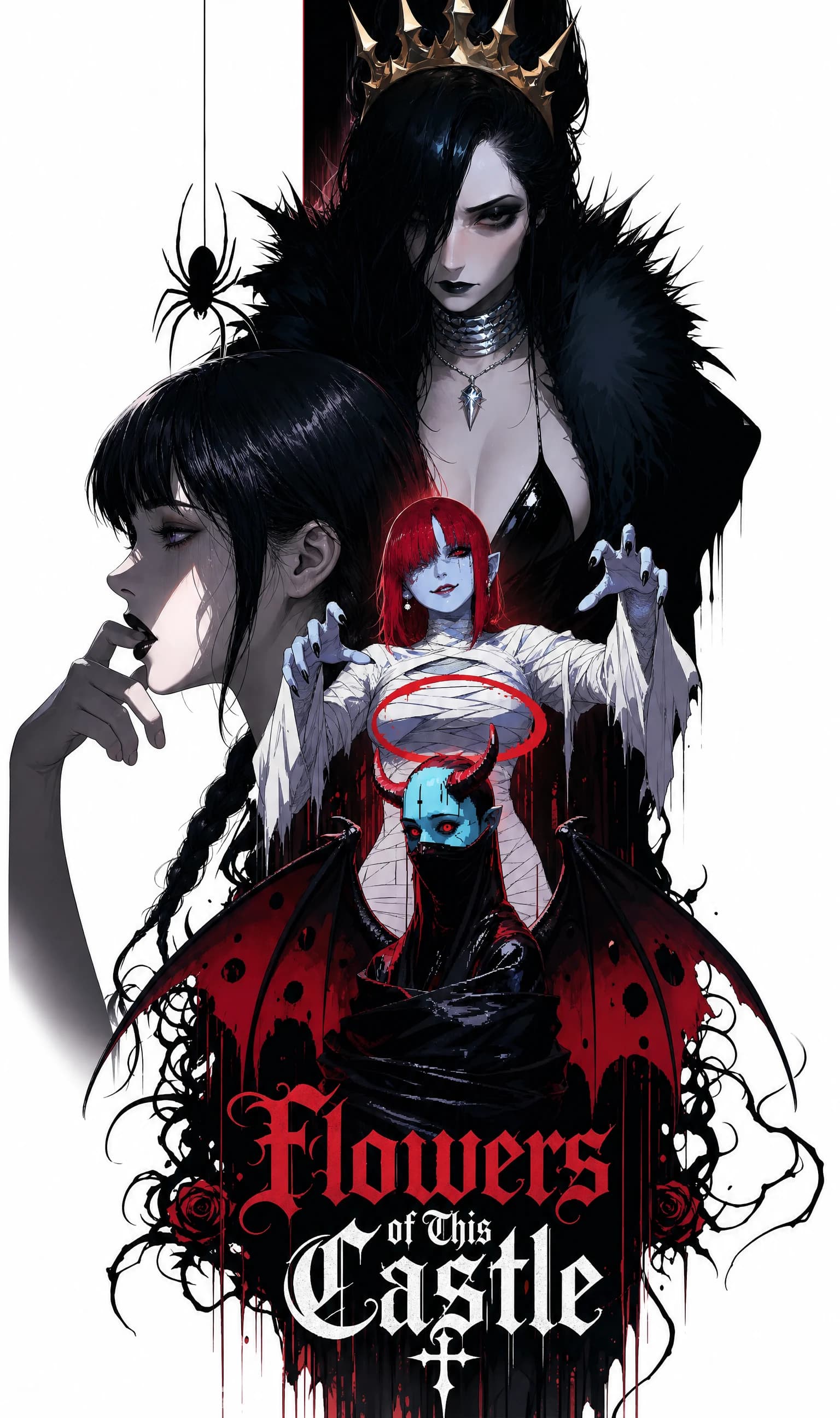 Three figures stacked — a crowned queen with sharp red lip, a small braided maid with finger to lips, a red-haired girl with bandaged chin in a dripping gothic dress; series title in dripping serif below.