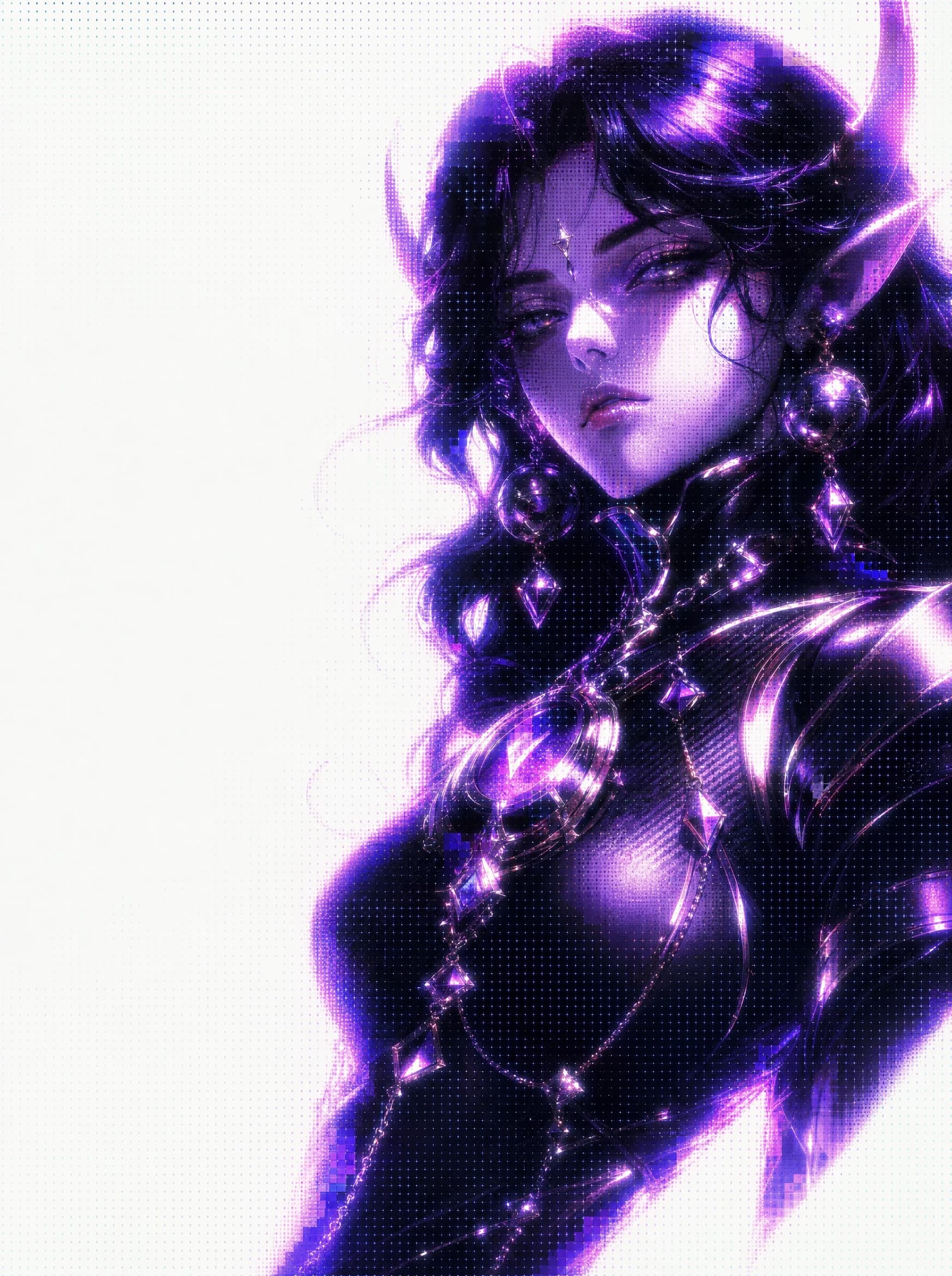 Pointed-eared character with dark violet wavy hair, a small jewel on the forehead, beaded chains across the chest, dressed in black armor against a faintly dotted white background.
