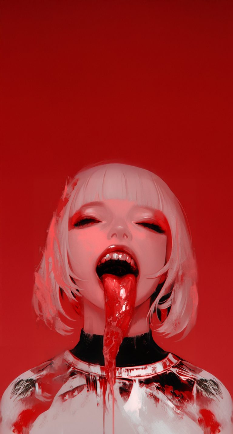 Dark aesthetic horror art featuring a person with white hair and blood dripping from their mouth.