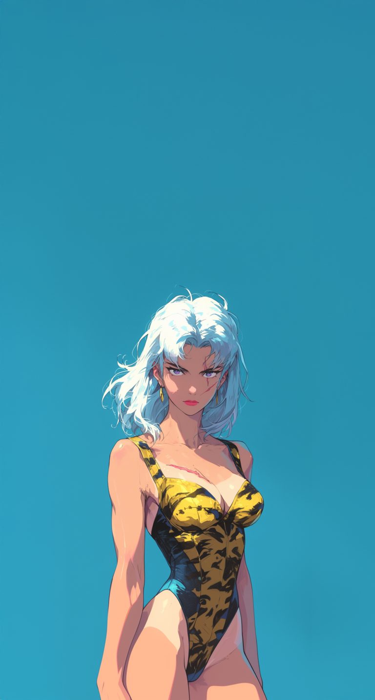 A fierce warrior woman with white hair in a yellow and black bodysuit, set against a blue background.