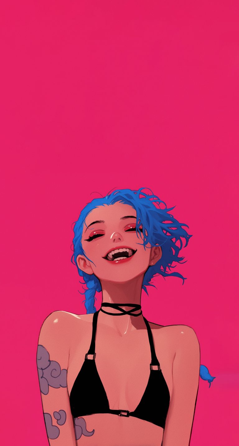 Jinx from League of Legends smiling with her blue hair, set against a bright pink background