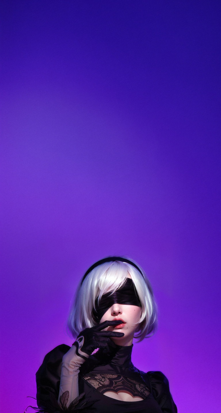 YoRHa 2B with her finger over her lips, set against a purple background, blending elegance and secrecy.